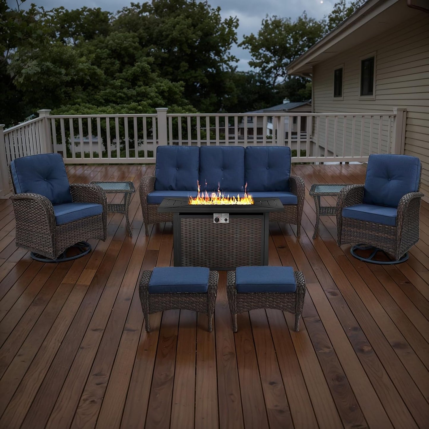 8 Piece Patio Furniture Set with 50000 BTU Propane Fire Pit Table, Outdoor Conversation Set with 2 Swivel Rocker Chairs Wicker Sofa and Ottomans for Casual Gatherings