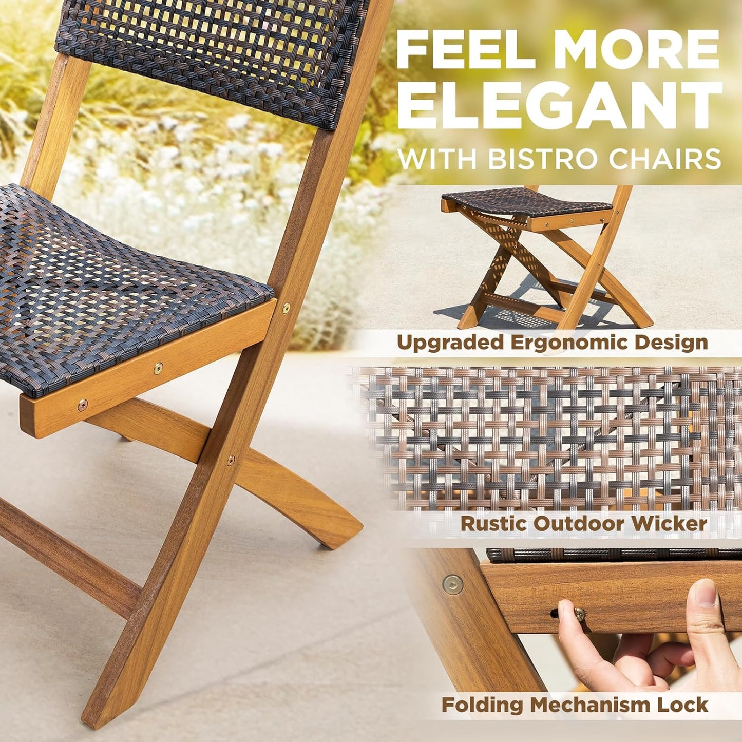 IDZO Wood Wicker Design Heavy Duty 400lbs Capacity Premium Patio Bistro Set 3 Piece Outdoor