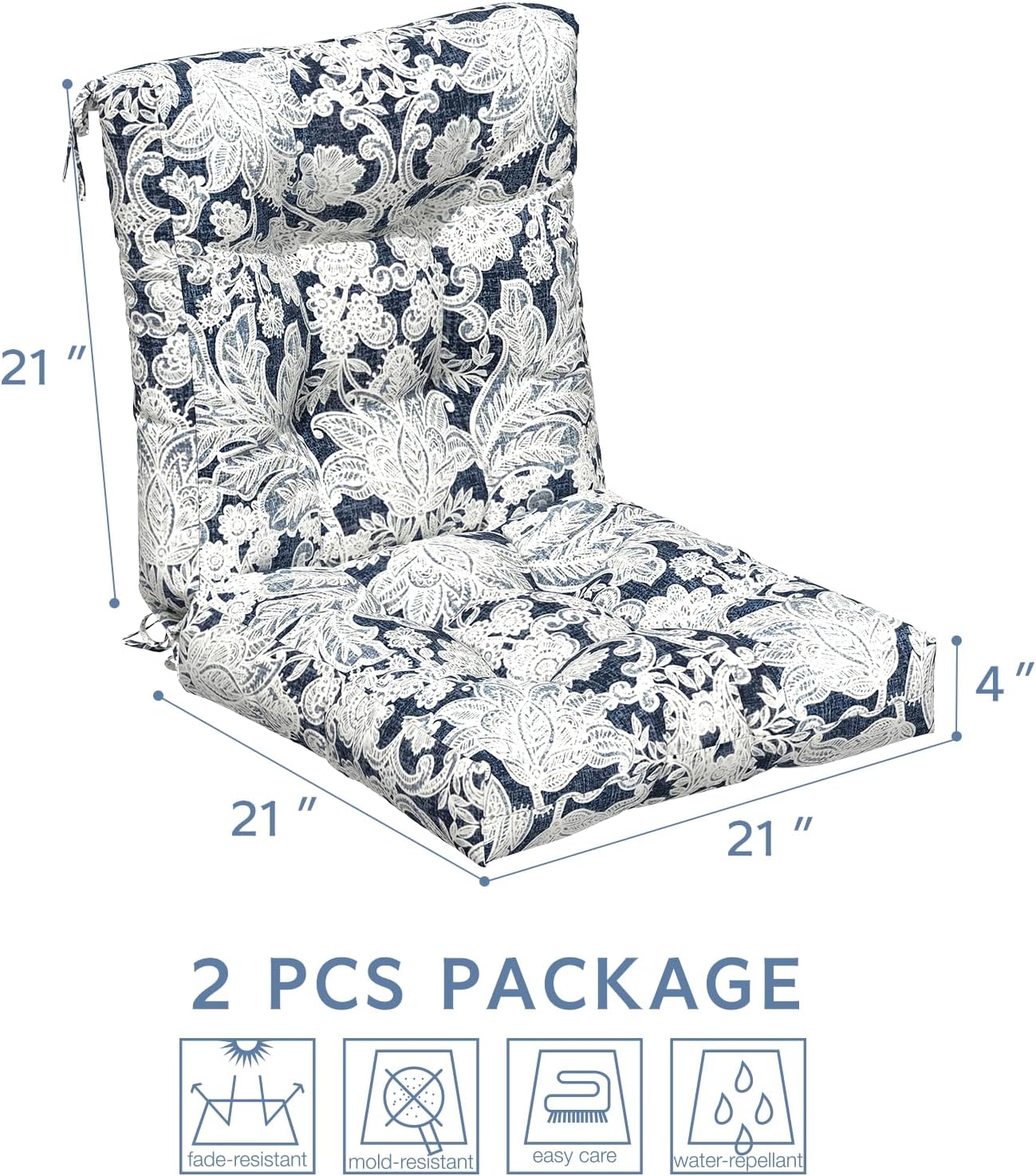 LVTXIII Outdoor Low Back Chair Cushions, Seasonal Replacement Adirondack Chair Cushion with Ties, Patio Waterproof Seat Cushions for Home Garden Use, 21 W x 21 D, Set of 2, Damask Lapis