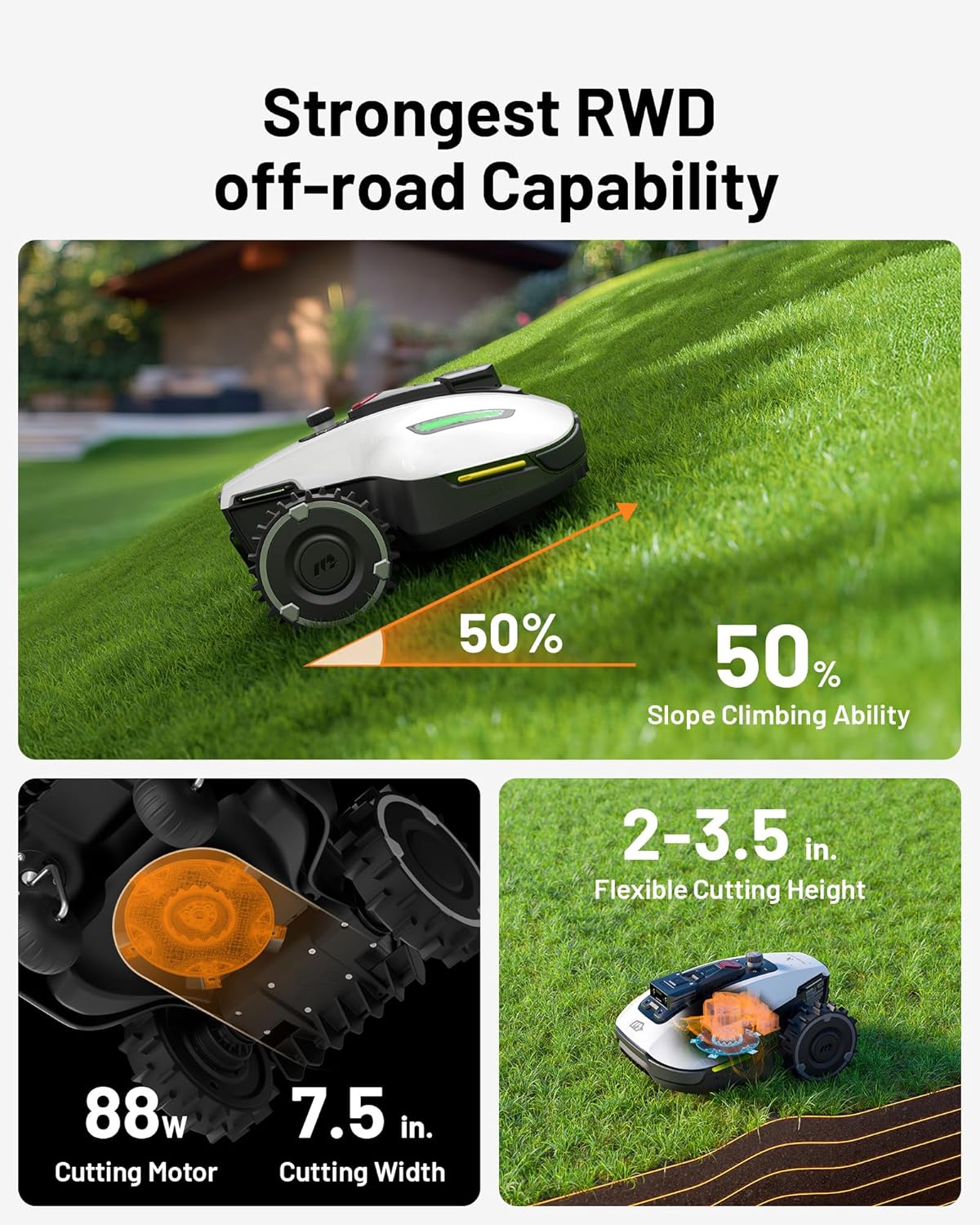YUKA Mini 500H Robotic Lawn Mower Reception 0.12 Acre,Max. 0.17 Acre, Ultrasense AI Vision+ RTK Positioning, Auto Mapping, App Control, 50% Slope, Cutting Height 2''~3.5'', 15 Mowing Zones