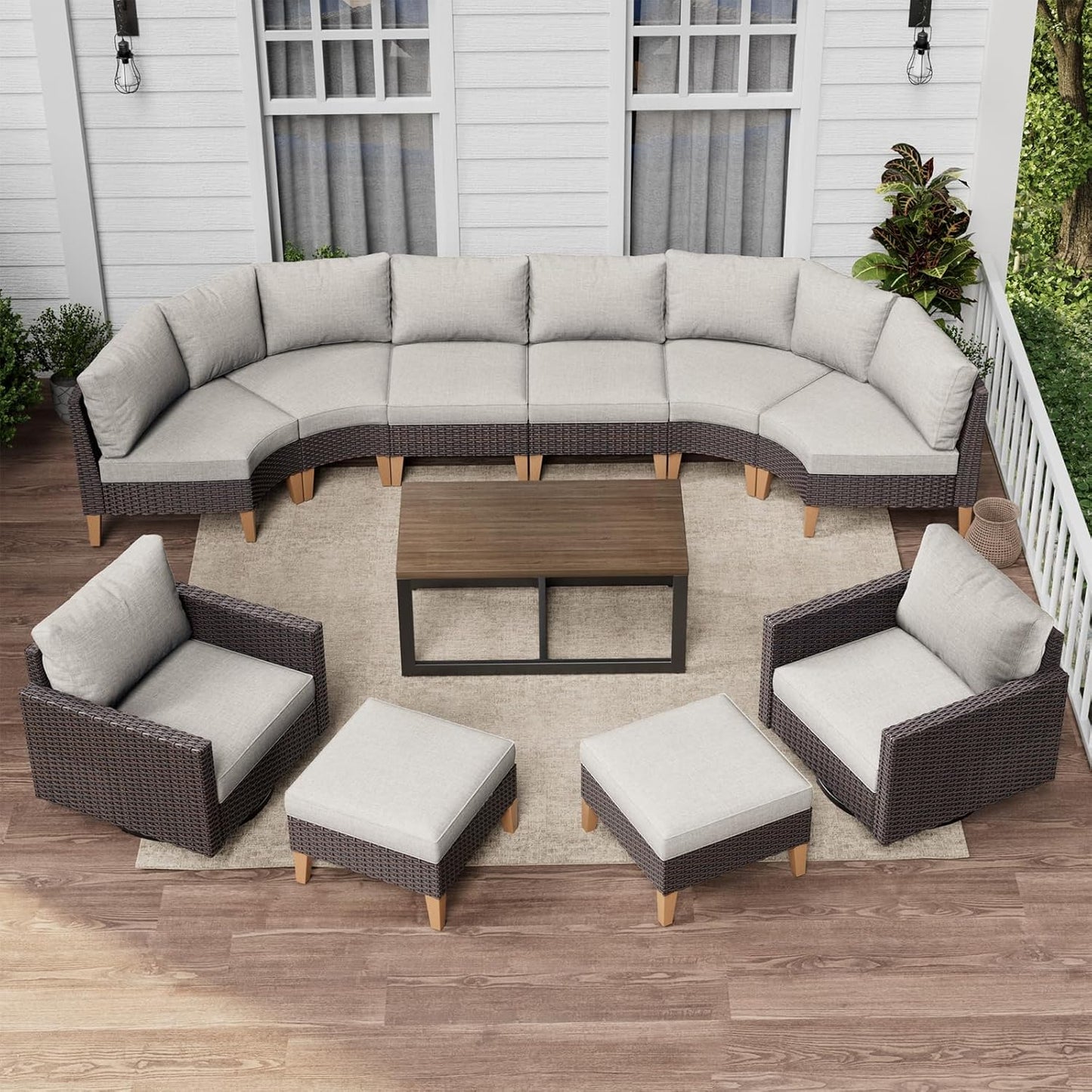 HUMMUH 11 Pieces Outdoor Furniture Set,Outdoor Half-Moon Sectional Couches Swivel Patio Chairs with Ottomans Coffee Table,All Weather PE Wicker Patio Conversation Sets for Garden Porch Backyard