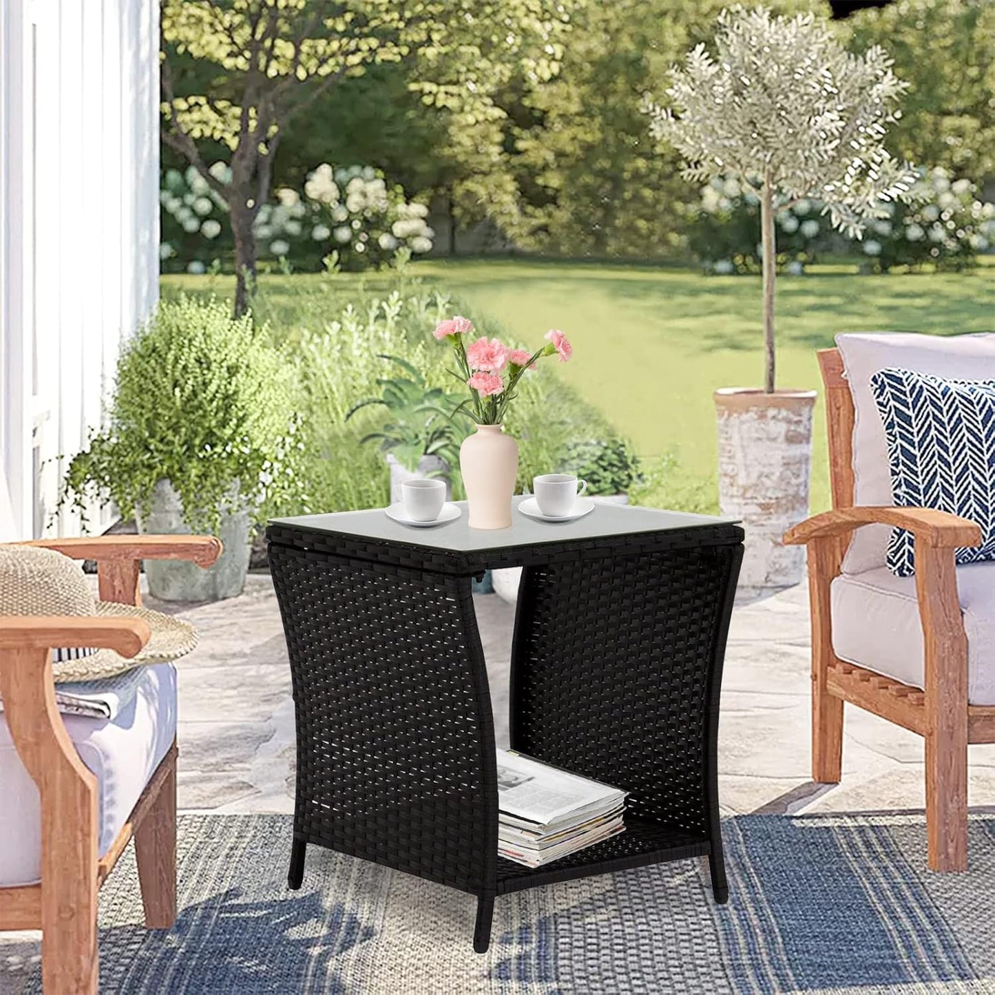 Outdoor Small Patio Table - PE Rattan Coffee Table, Wicker Side Table for Patio, Balcony & Porch, Durable & Iron Frame (1, Dark Black)