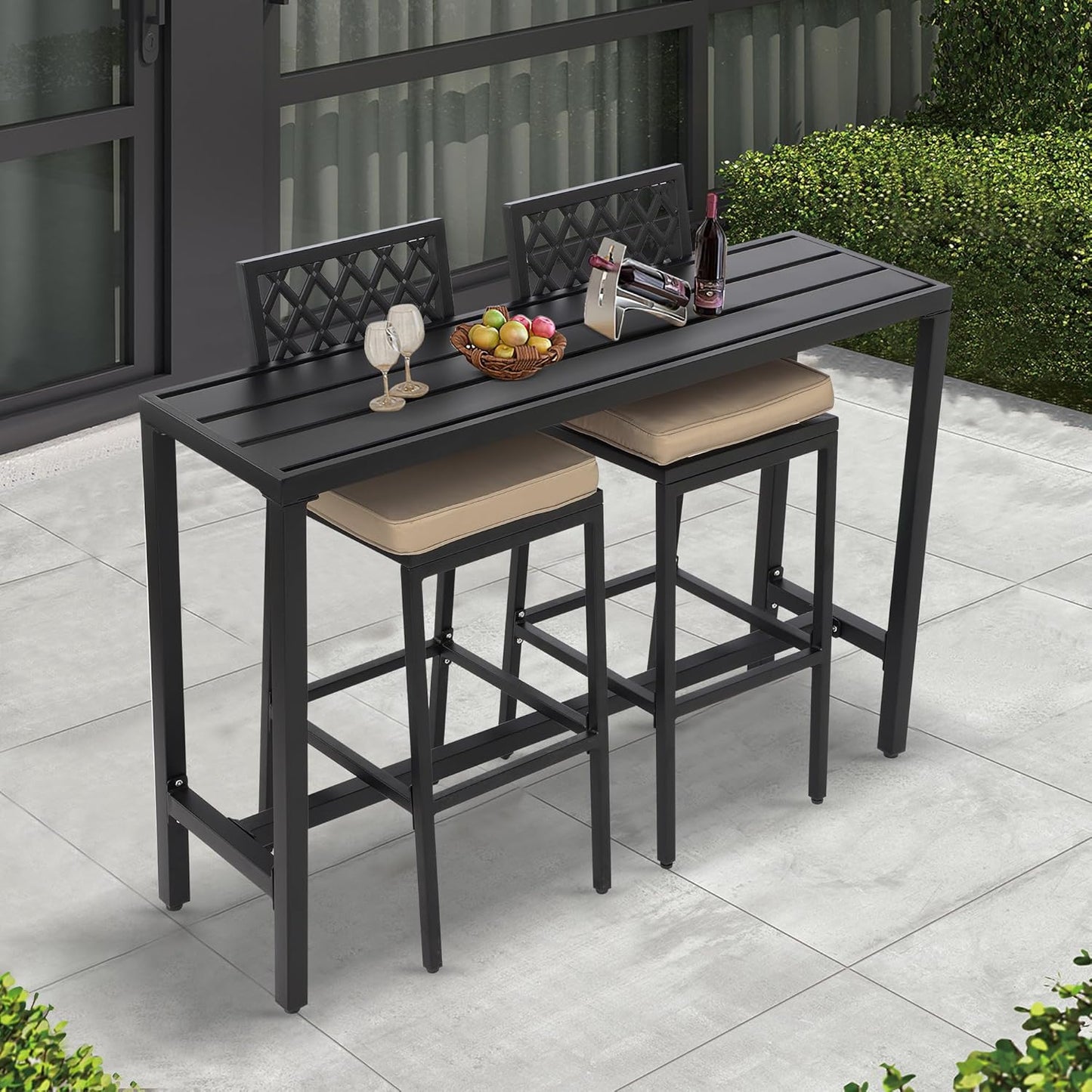 Outdoor Patio Bar Set, Bar Height Patio Dining Set, Weather-Resistant Bistro Counter Pub Set with Cushions & Slatted Tabletop for Backyard