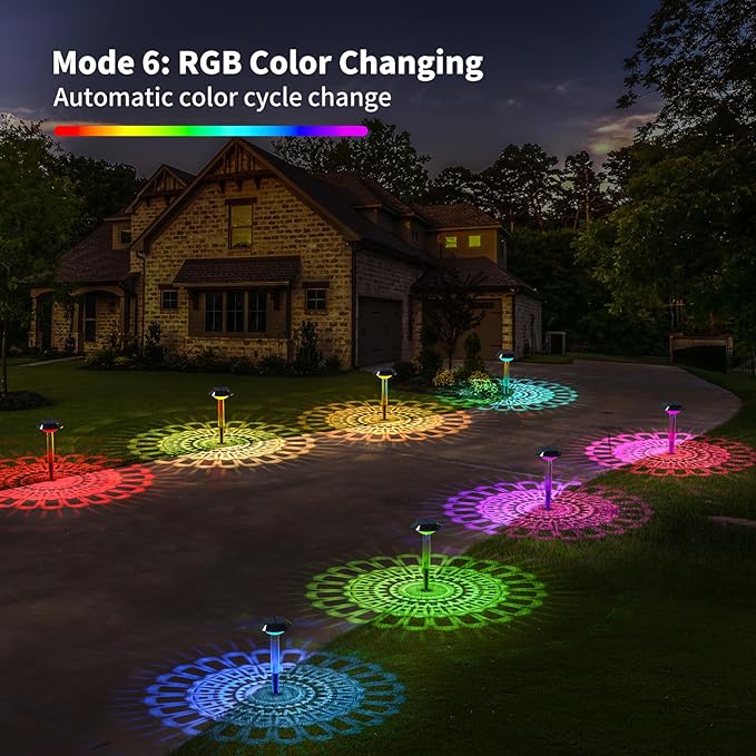 Solar Pathway Lights Outdoor 8 Pack, [6 Light Modes Cool White/Warm/ 3 Fixed Color/RGB Changing] LED Solar Lights Outdoor Waterproof IP65, Solar Garden Lights for Walkway Yard Backyard Lawn Landscape
