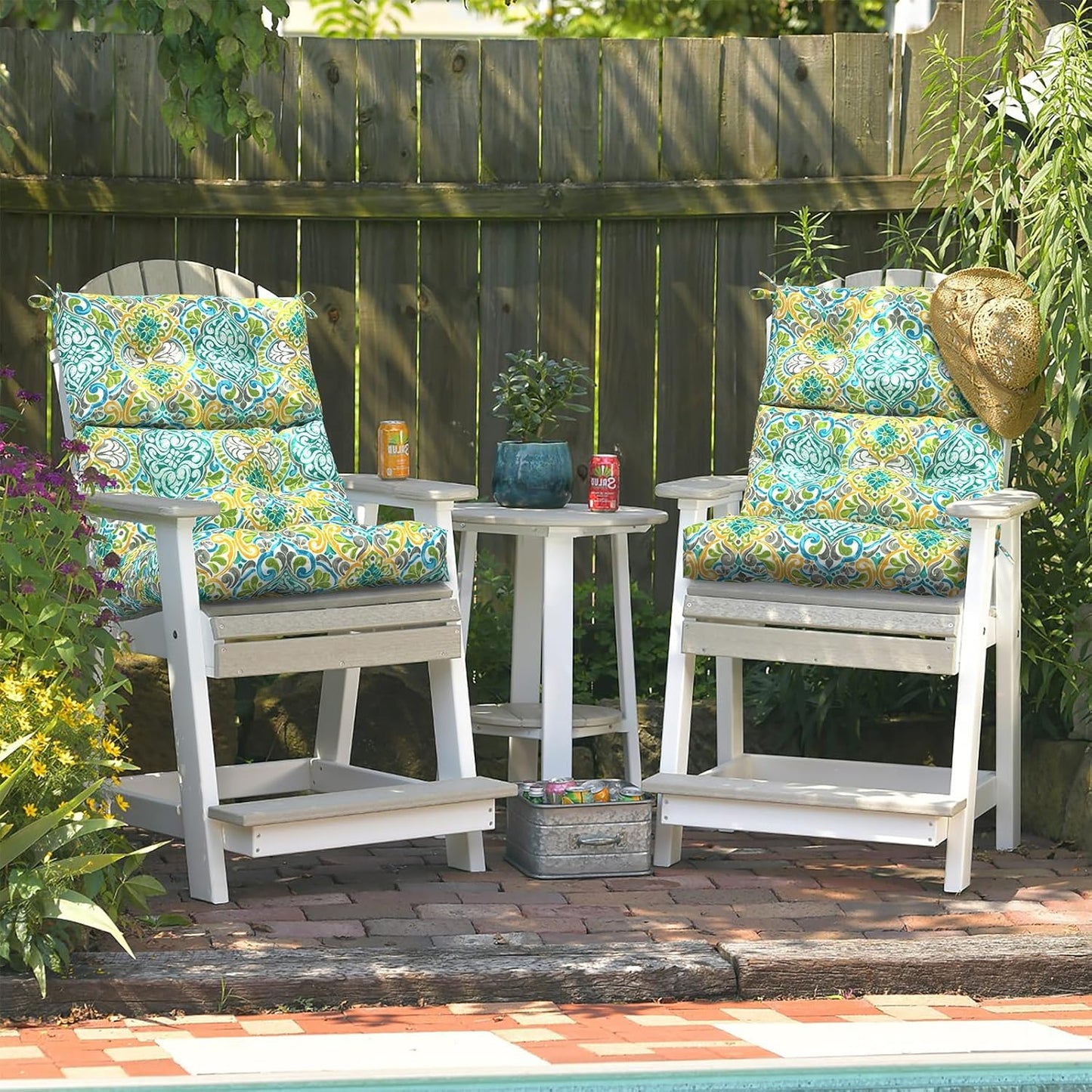 LVTXIII Outdoor Seat/Back Chair Cushion Patio Tufted High Back Cushion, Seasonal Replacement Rocking Chair Cushion with Ties (22” W x 20D”, Set of 2, Damask Green)