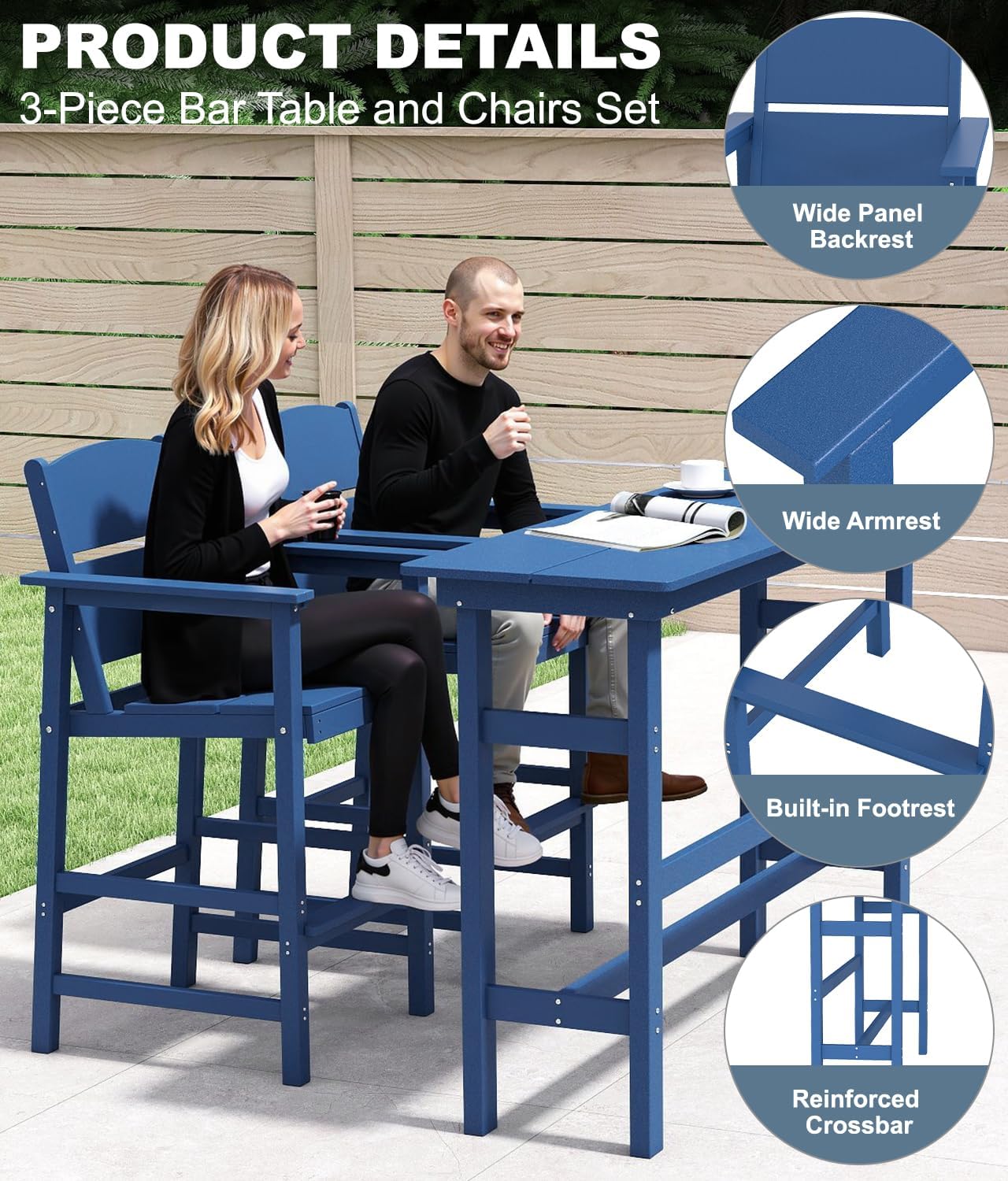 Bar Height Patio Table and Chairs Set, HDPE Outdoor Adirondack Bar Chairs and Table, All-Weather Patio Furniture for Poolside, Backyard, Garden, High Top Patio Bar Set (Navy Blue, 3-Piece)