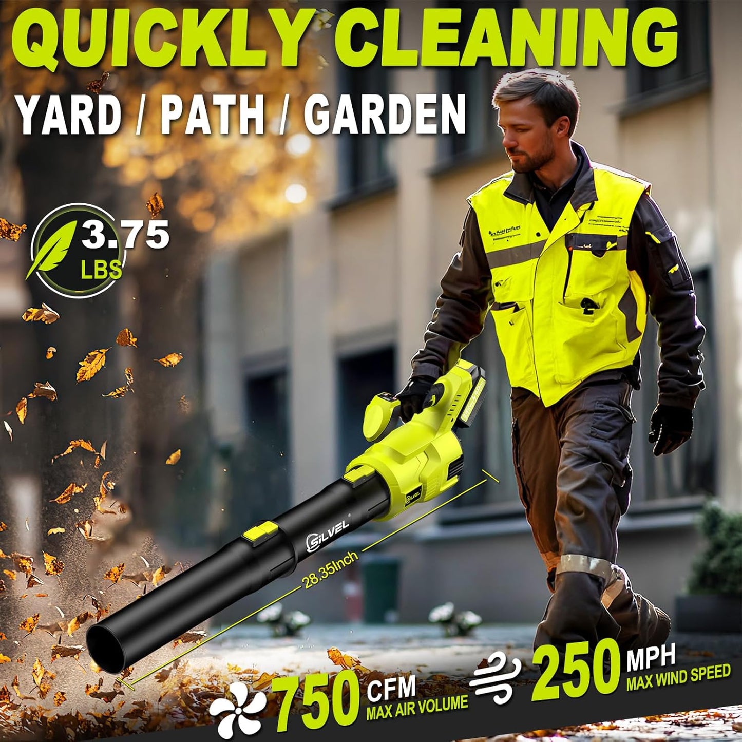 SILVEL Cordless Leaf Blower with 2x6.0Ah Battery and Quick Charger, 750CFM (250MPH) High Power Turbo Leaf Blowers with LCD Screen/Variable Speeds for Lawn Care, Patio, Dust, Blowing Leaves