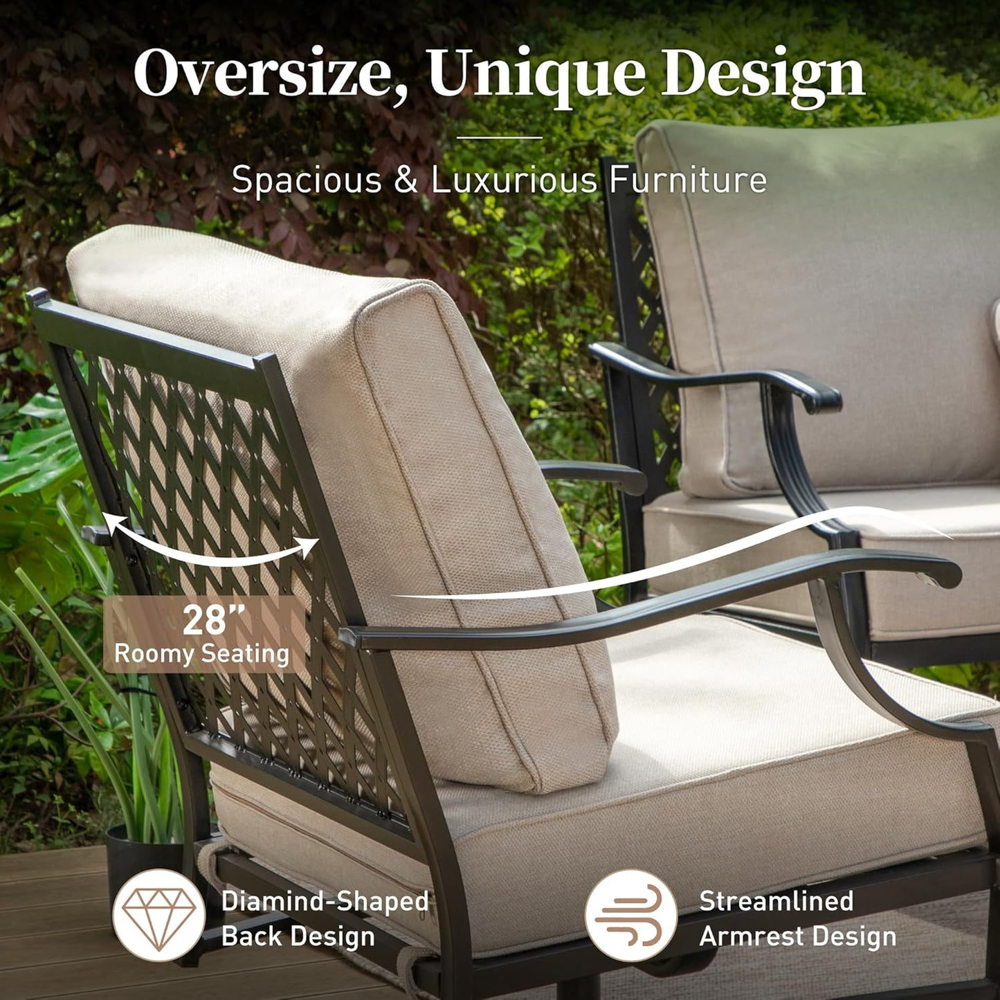 Metal Outdoor Swivel Patio Chairs Set of 2 with 5.75" Extra Thick Cushion, 2 Piece High Back Swivel Rocker Patio Chairs Outdoor Furniture Seating for Deck Balcony Front Porch, Beige