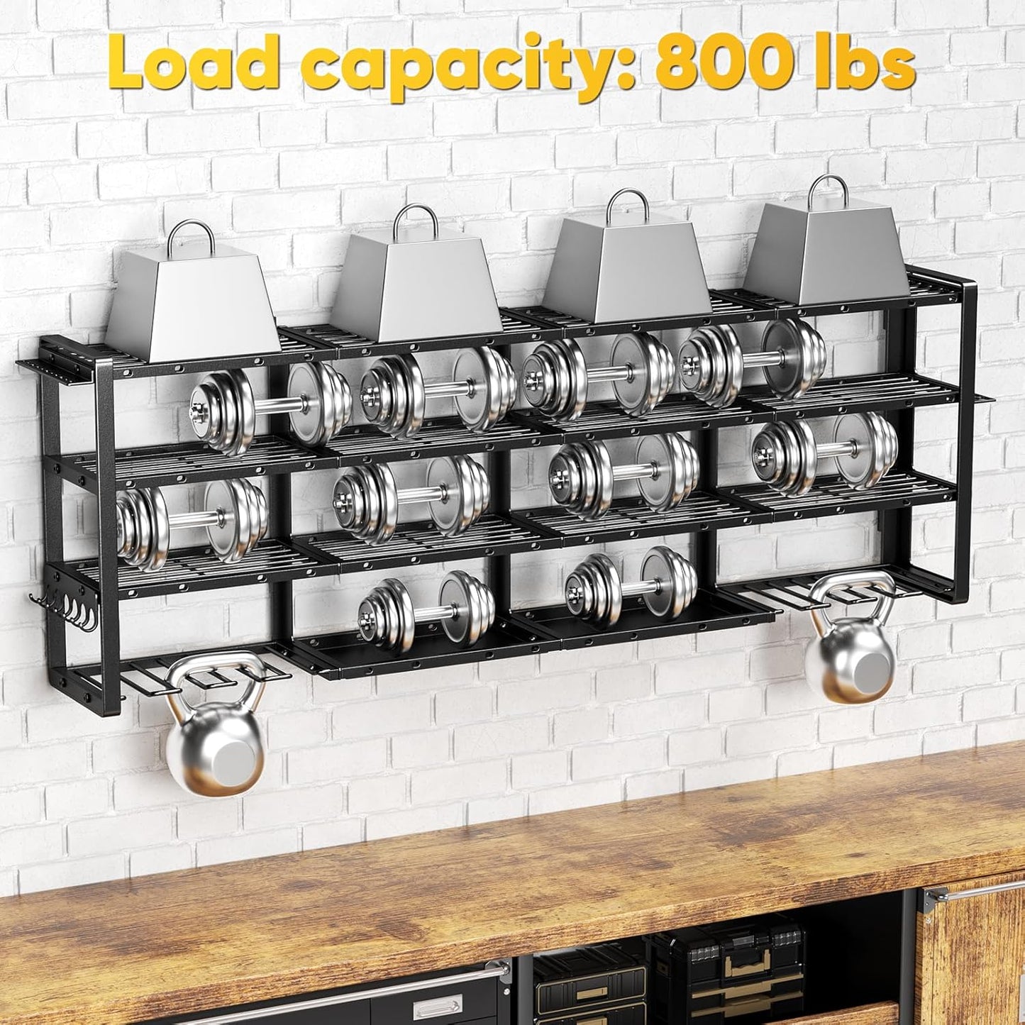 64”W Power Tool Organizer Wall Mount, Heavy Duty 8-Drill Cordless Drill Holder Supports 800 lbs, 4-Layer Corner or Straight Assembly Large Tool Battery Storage Rack for Garage Workshop