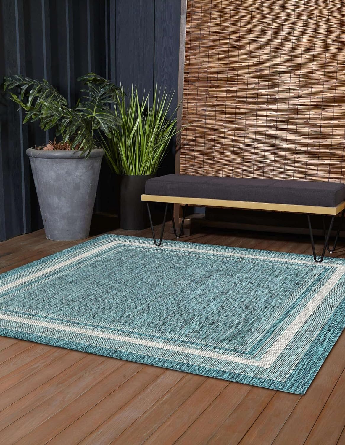 Unique Loom Outdoor Border Collection Area Rug - Soft Border (12' Square Teal/Ivory)