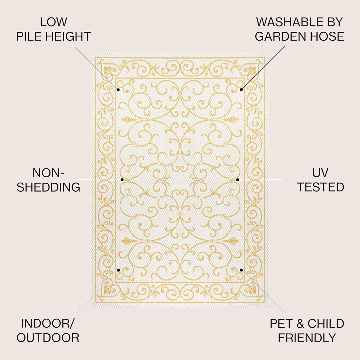 JONATHAN Y SMB106M-5SQ Charleston Vintage Filigree Textured Weave Indoor Outdoor Area Rug, Classic Traditional Transitional Easy Cleaning,Bedroom,Kitchen,Backyard,Patio, Cream/Yellow, 5' Square