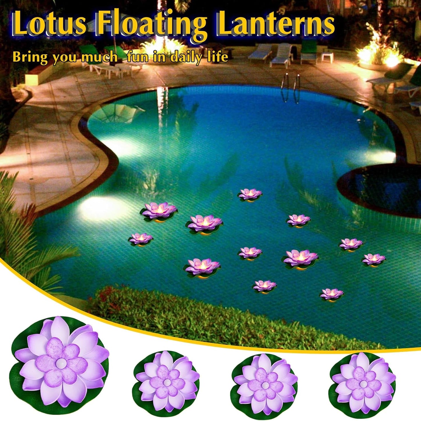 Liliful 24 Pcs Diwali Lotus Decoration Pool Floating Lights, Artificial Flowers Lotus with LED,Lily Pads Water Lantern for Indian Puja Home Decoration(3.94 Inch, 5.91 Inch,Purple)