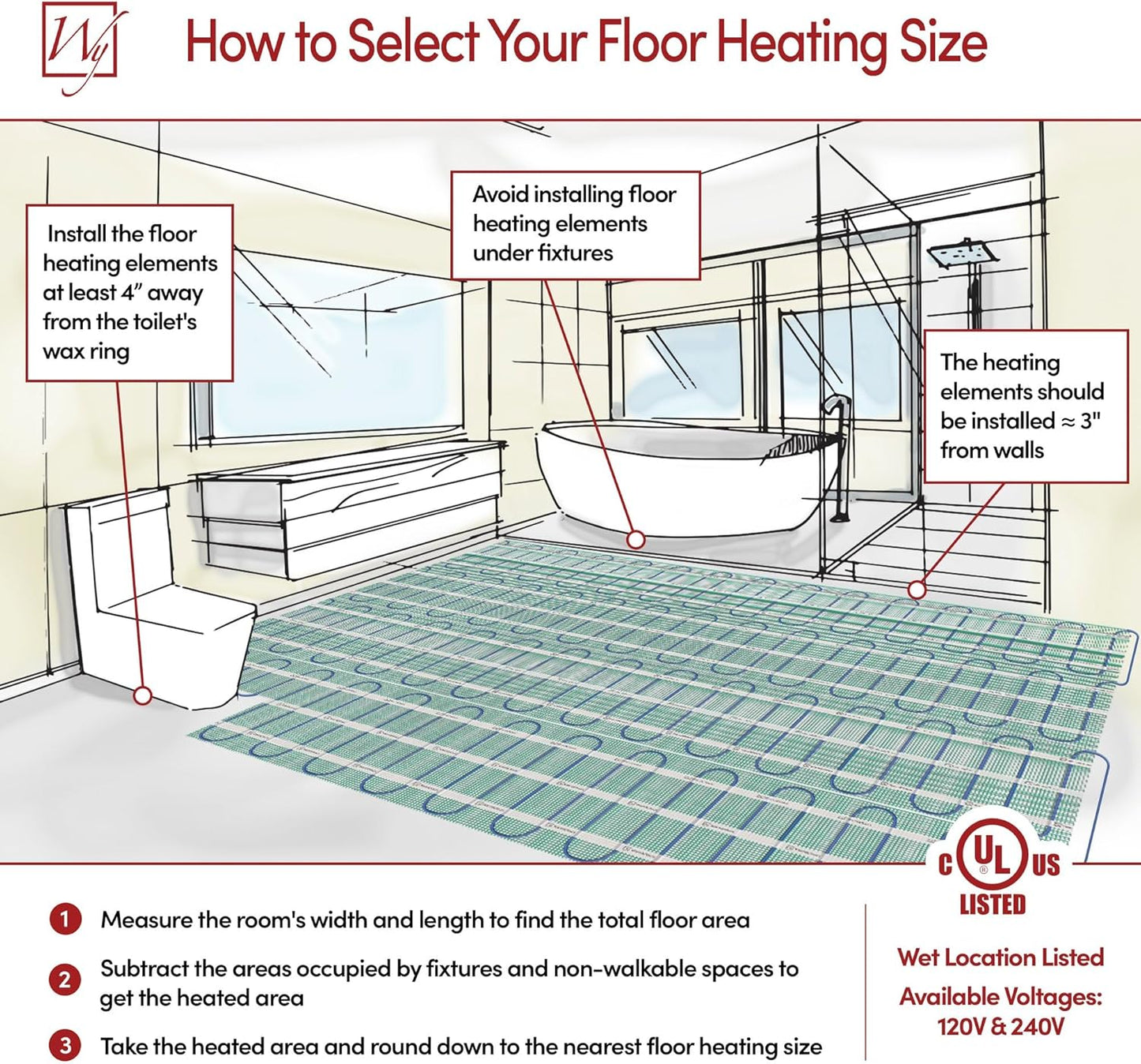 156 Sqft Heated Floor Mat Kit with Radiant Floor Heating System Thermostat UTN5, Two Sensors, Tester, 240V Electric Radiant Floor Heating Mat installs under Bathroom Tile, Vinyl - WarmlyYours TempZone