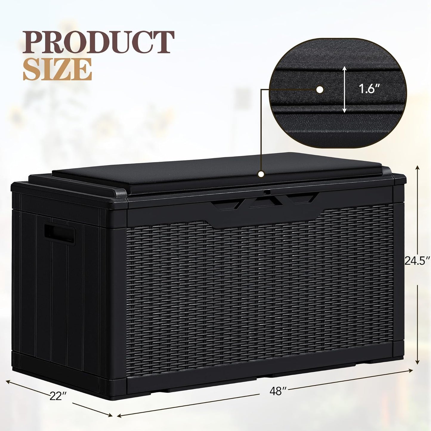 Greesum 100 Gallon Resin Deck Box Large Outdoor Storage Boxes with Cushions for Garden Tools, Patio Furniture Pillows, Pool Supplies, Black