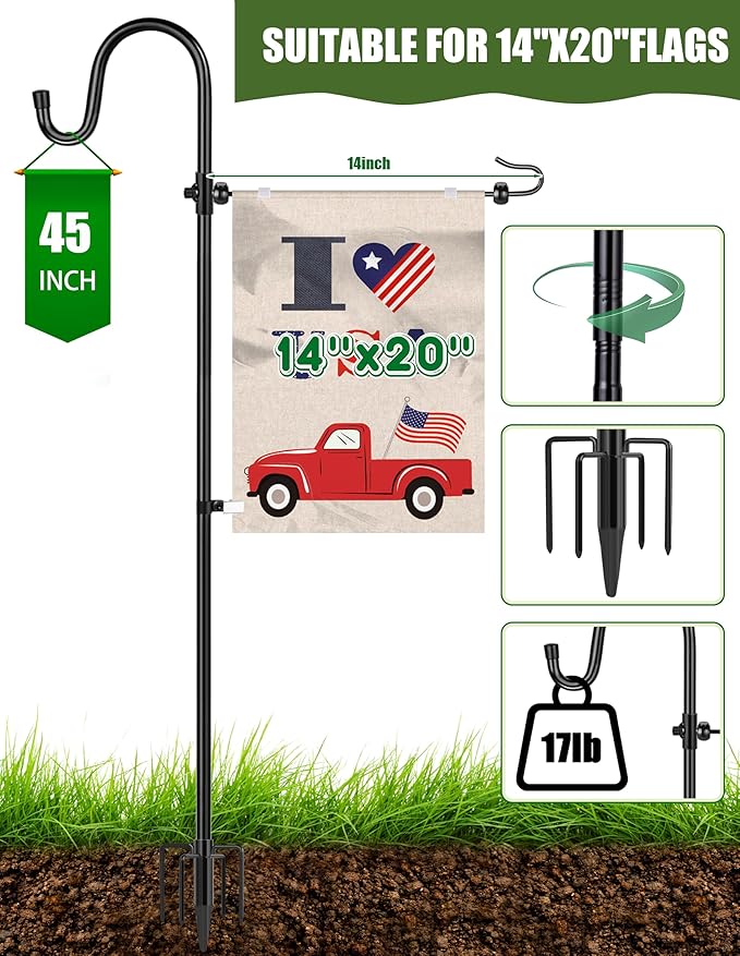 XDW-GIFTS Garden Flag Stand, Sturdy 2-Pack Flag Pole Holder with Shepherd Hook for Yard Decorations Outdoor Garden Flag Holder for 14''x20'' Flags 45 in Heavy Duty Yard Flag Post Stake (Without Flag)