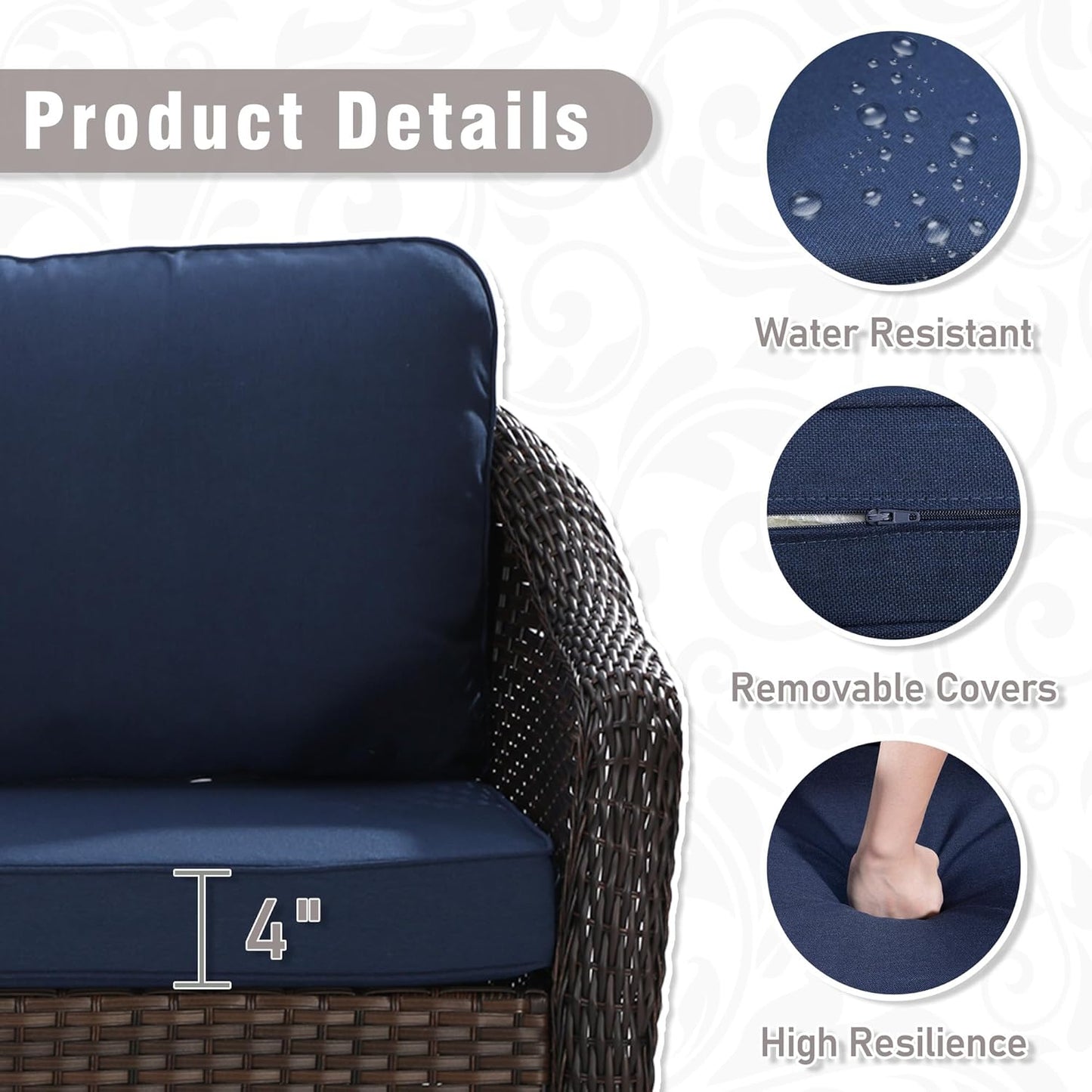 77 inch Outdoor Wicker 3 Seater Sofa, All-Weather Use Patio Rattan Sofa with Seat and Back Cushion, Ideal for Porch, Backyard, Balcony, Poolside, Blue