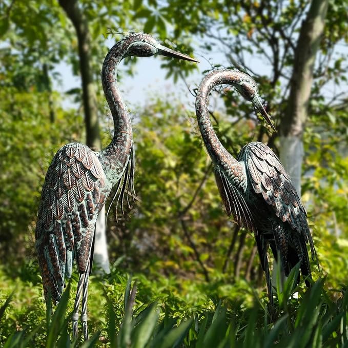 Kircust Garden Crane Statues, Standing Metal Patina Heron Decoy Outdoor Statue, 42-46 Inch Bird Yard Art for Patio Lawn Pond, Set of 2