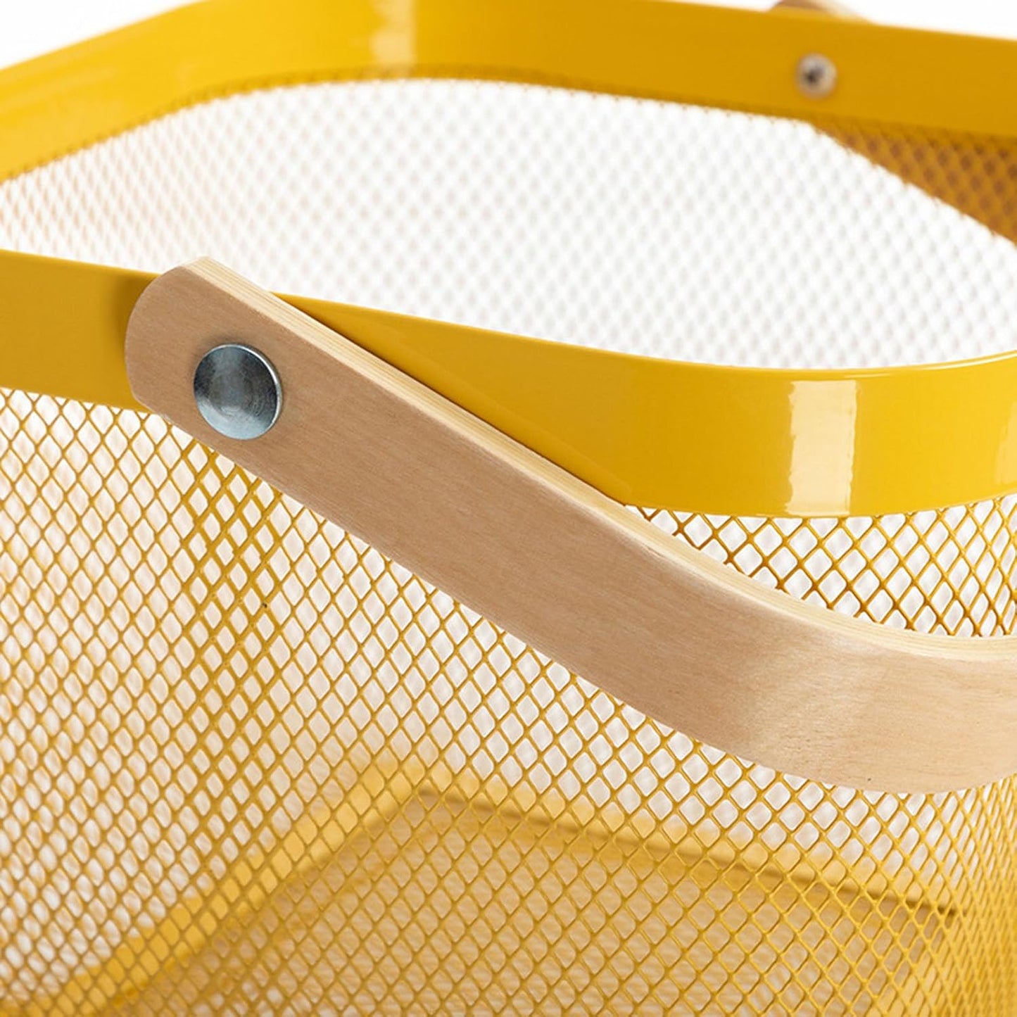 Metal Mesh Steel Basket, Storage Organizer Basket Multi-functional Hanging Kitchen Baskets Fruit Baskets with Wooden Handle for Kitchen Bathroom Picnic Shopping Decor Cabinet Home, Yellow
