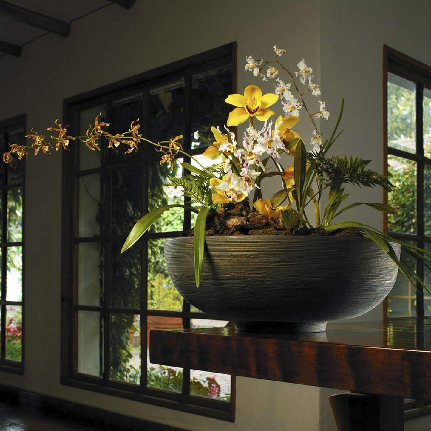 Crescent Garden Orinoco Planter Bowl – Double-Walled Resin Pot for Succulents, Flowers Without Drain Hole - 21" W x 8.25" H (Caviar Black)