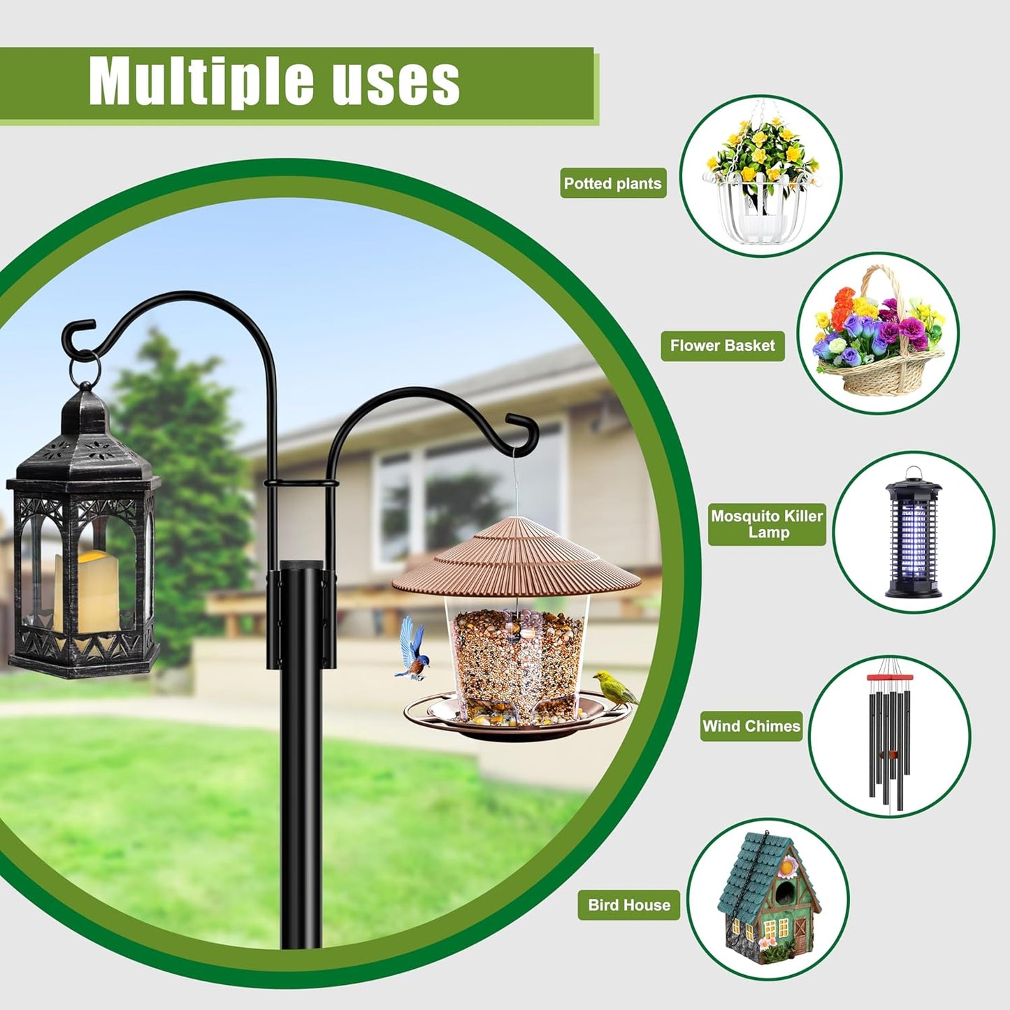 XDW-GIFTS Double Shepherds Hooks for Outdoor, 2-Pack Heavy Duty Garden Pole for Hanging Bird Feeder, Plant Baskets, Solar Light Lanterns, Garden Plant Hanger Stands with 5 Base Prongs