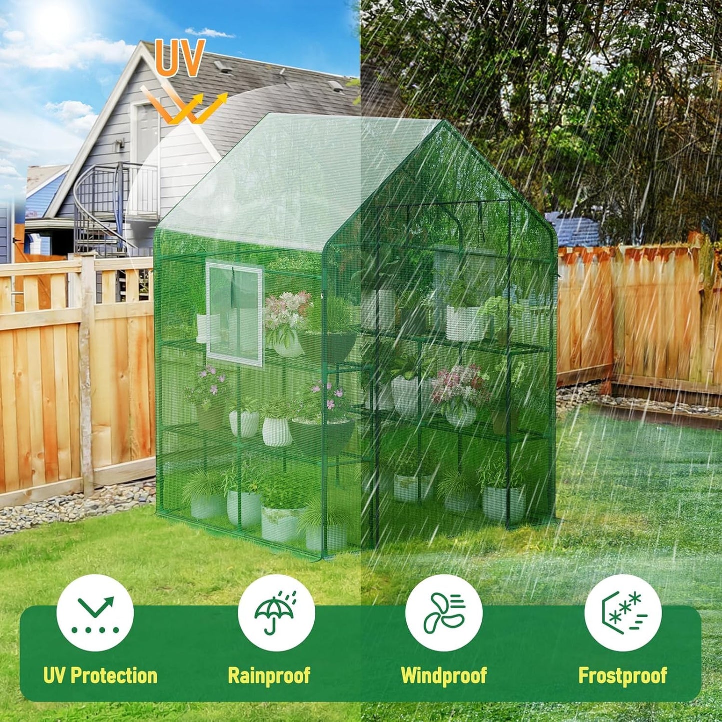 56×56×78Inch Walk-in Greenhouse, Heavy Duty Small Plant House with Thicken PE Cover and Steel Frame, for Garden, Outdoors, Indoors, Green
