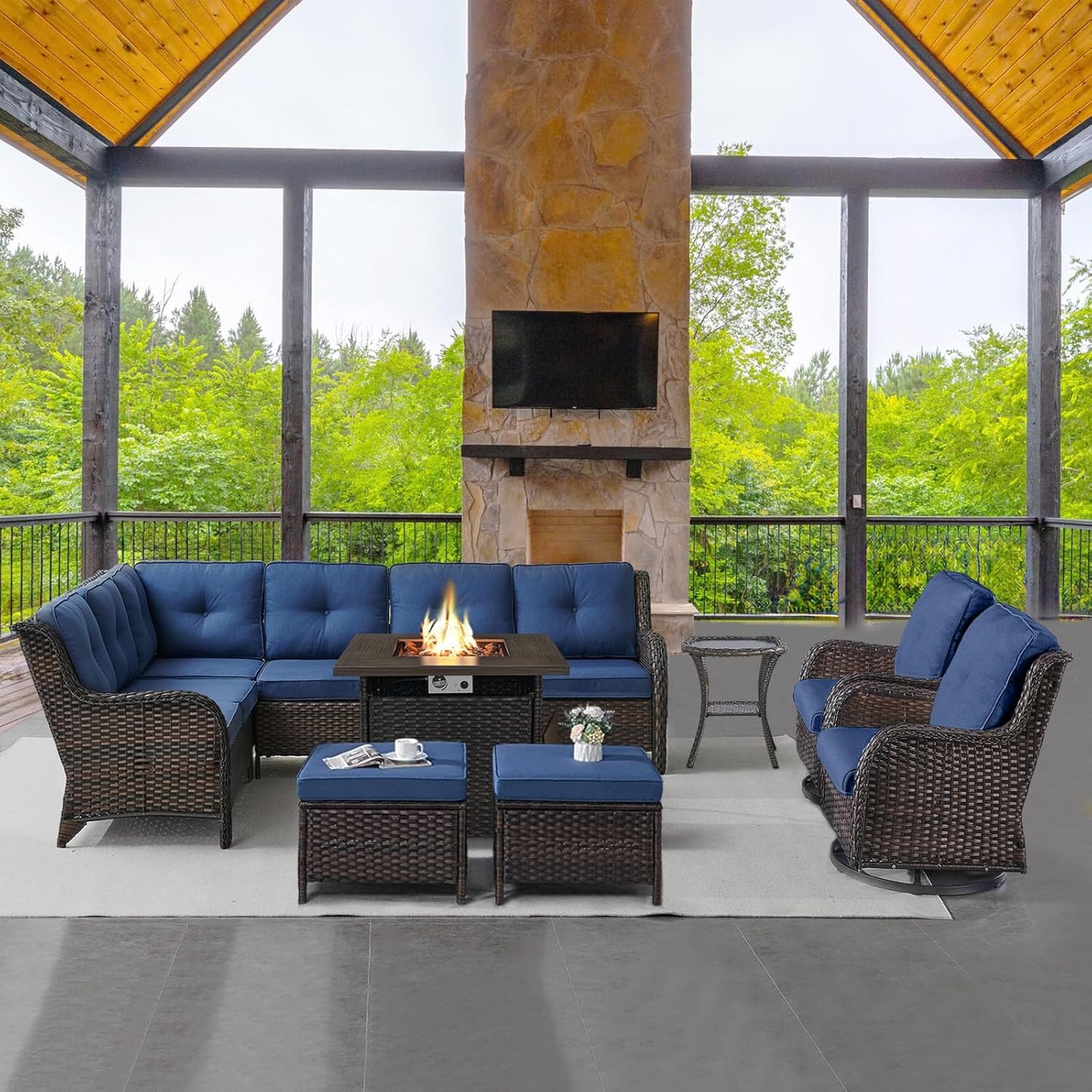 Outdoor Sectional Furniture Sofa Set with 50000BTU Propane Fire Pit Table, Wicker Patio Conversation Set with 2 Swivel Rocker Glider Chairs Blue Cushion Perfect for Backyard Casual Gathering