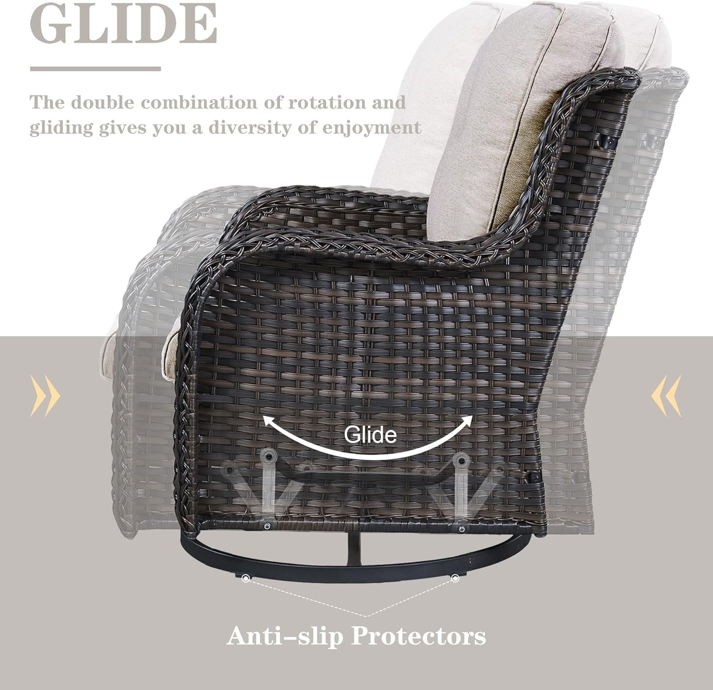 Outdoor Sectional Furniture Sofa Set with Propane Fire Pit Table, Wicker Patio Conversation Set with 2 Swivel Rocker Glider Chairs Beige Cushion Perfect for Backyard Casual Gathering