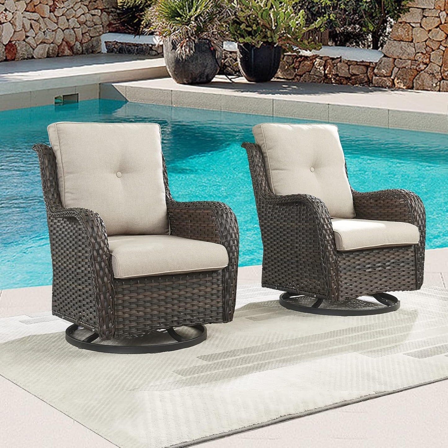 Outdoor Patio Swivel Rocker Chairs - Single Wicker Rattan Patio Swivel Rocking Chair with High Back,Deep Seating and Comfort Cushions for Deck Porch Garden,Brown/Beige