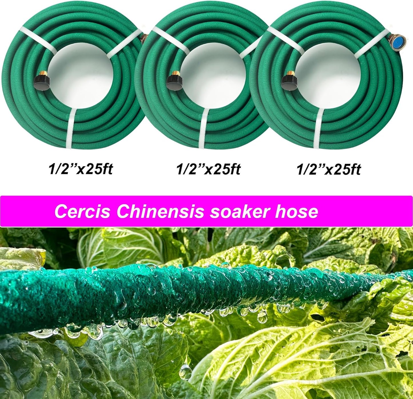 3 PCS 25ft Soaker Hose 1/2inch With Brass End,Green Rubber Hose Water Saving up to 70%,Durable Flexible garden hose 25 ft that irrigation for Patio Lawn,Trees,Vegetables and Flowers.