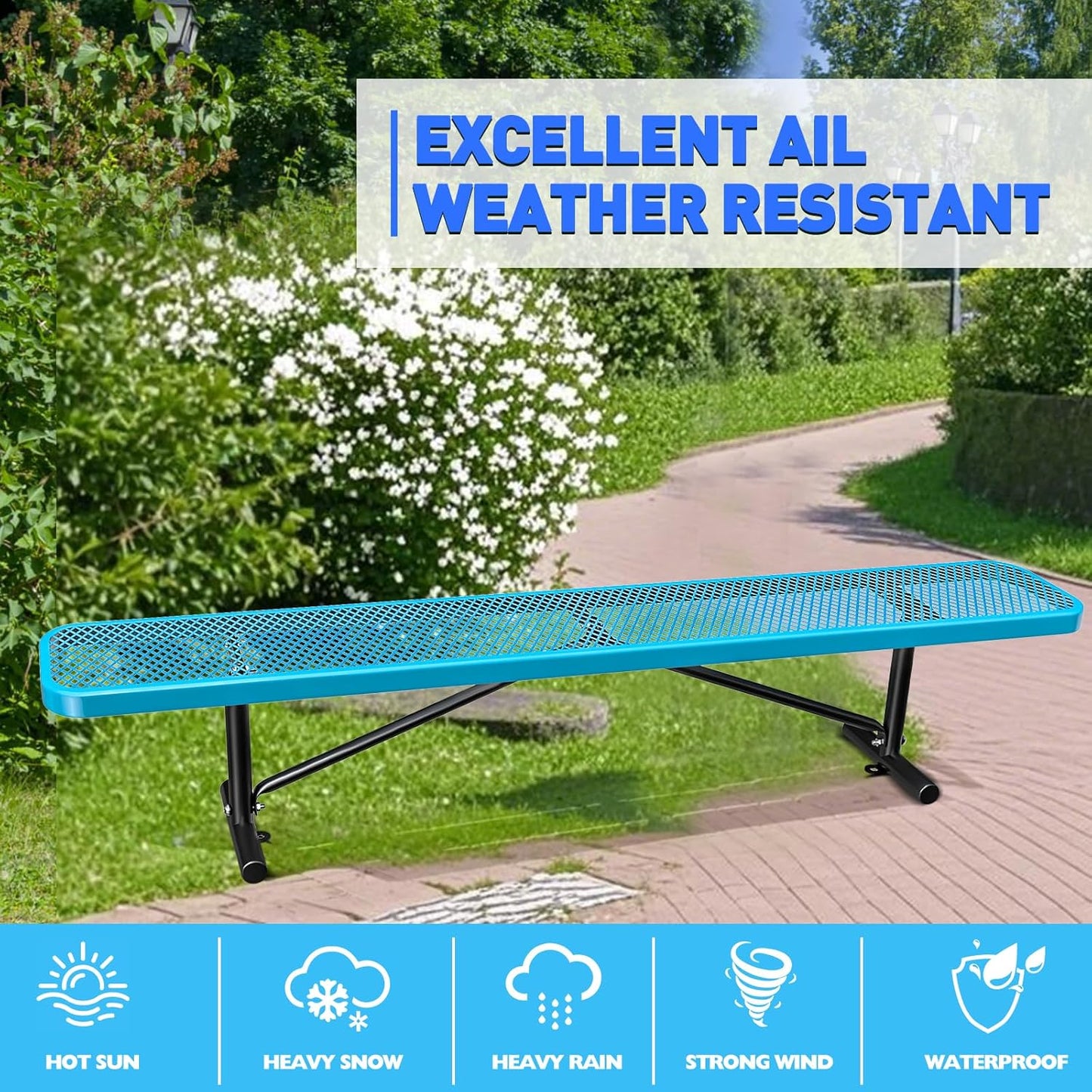 Thermoplastic Coated Iron Park Bench for Outside, Heavy Duty Metal Garden Bench, Expanded Commercial Grade Seating for Shopping Malls, Lawn Yard Porch Entryway (Blue Without Backrest, 96IN)
