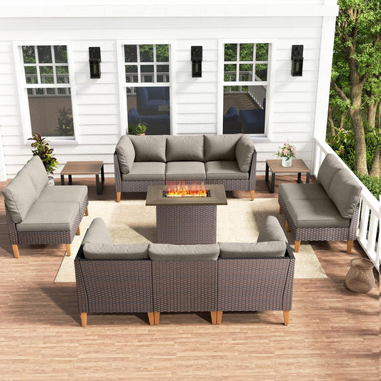 HUMMUH Patio Furniture Set with Fire Pit,Outdoor Modular Sectional Couch Loveseat Chairs with Table,All Weather PE Wicker Patio Conversation Sets for Deck Porch Backyard