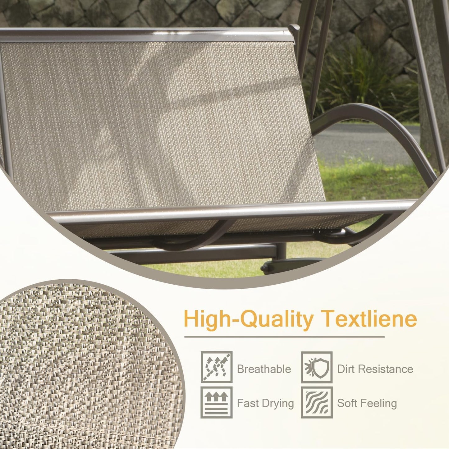 Domi Porch Patio Swing with Adjustable Canopy, 3-seat Swing with Stand, Outdoor Swings w/Armrests, Weather Resistant Steel Frame and Textilene Fabric Dark Brown