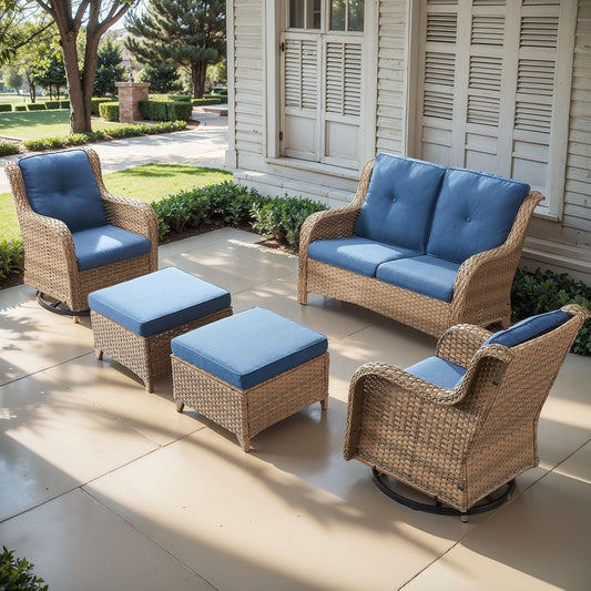 Outdoor Wicker Patio Furniture Set - 5 Piece Rattan Patio Conversation Set with 2 Rocking Swivel Chairs,2 Ottomans and 1 Loveseat for Porch Deck Backyard Garden(Yellow/Blue)