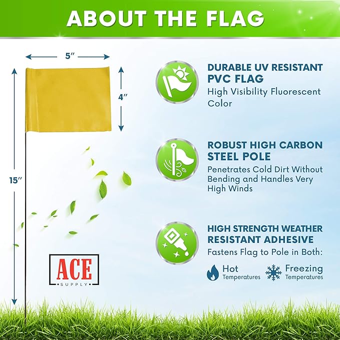 Yellow Marking Flags 100 Pack - 4x5x15 Inch Yellow Flags for Yard - Markers For Lawn, Irrigation, Landscaping, Survey & Sprinkler Head Marking