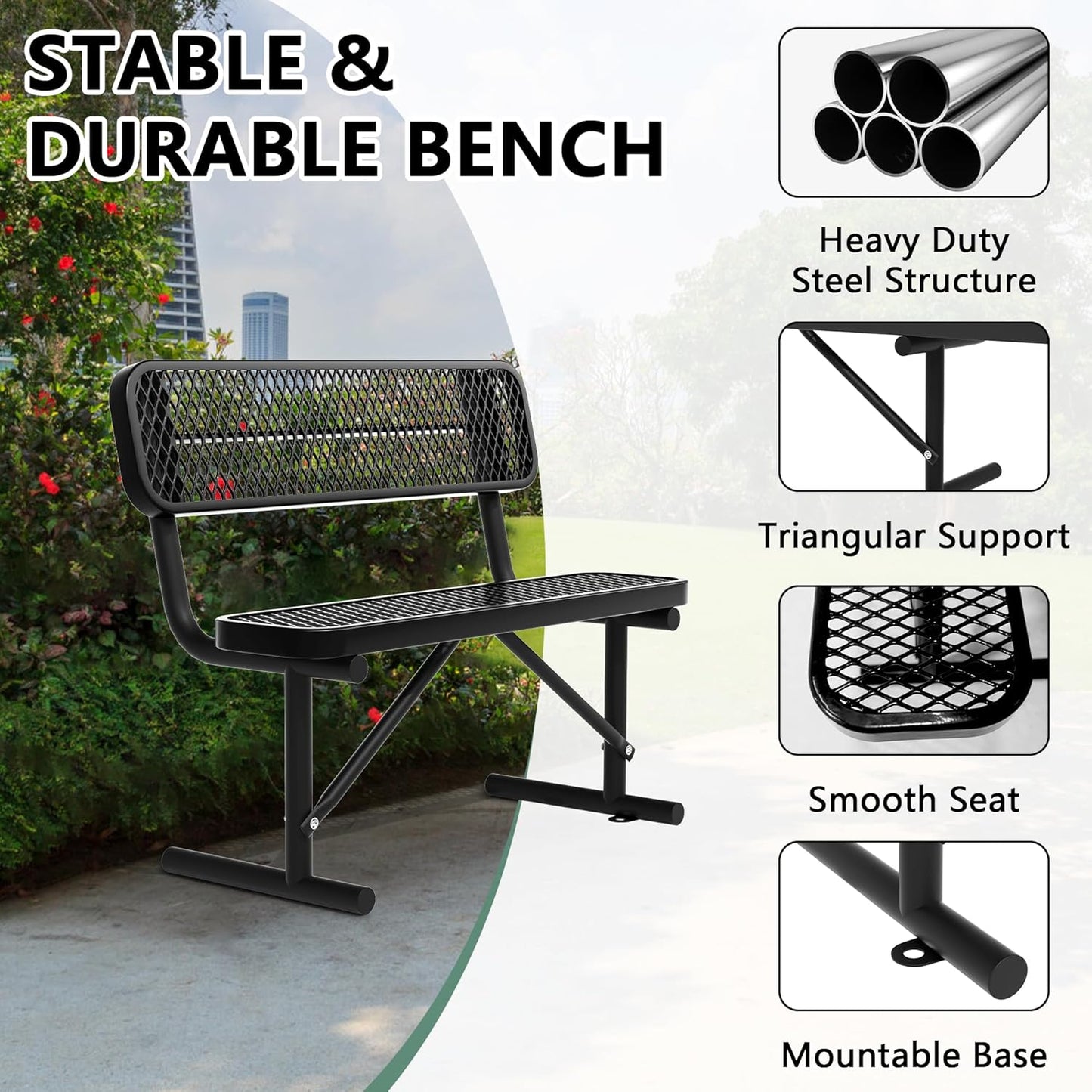 4 FT Heavy Duty Metal Park Bench with Back for Outside, Outdoor Black Bench with Backrest & Portable Frame, 1-3 Person Seat-Commercial Benches Garden Benches for Outdoors