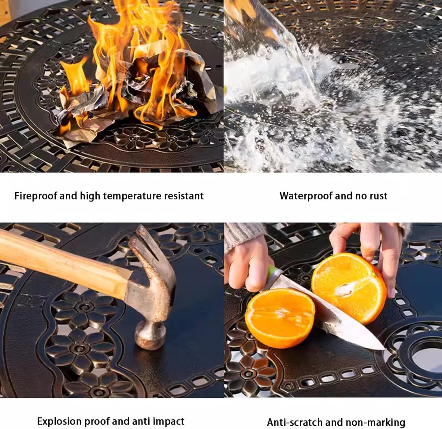 Outdoor Table Cast Aluminum Round Patio Table with Umbrella Hole All Weather Outdoor Dining Table for Lawn Garden Backyard (100cm Palm Round Table)