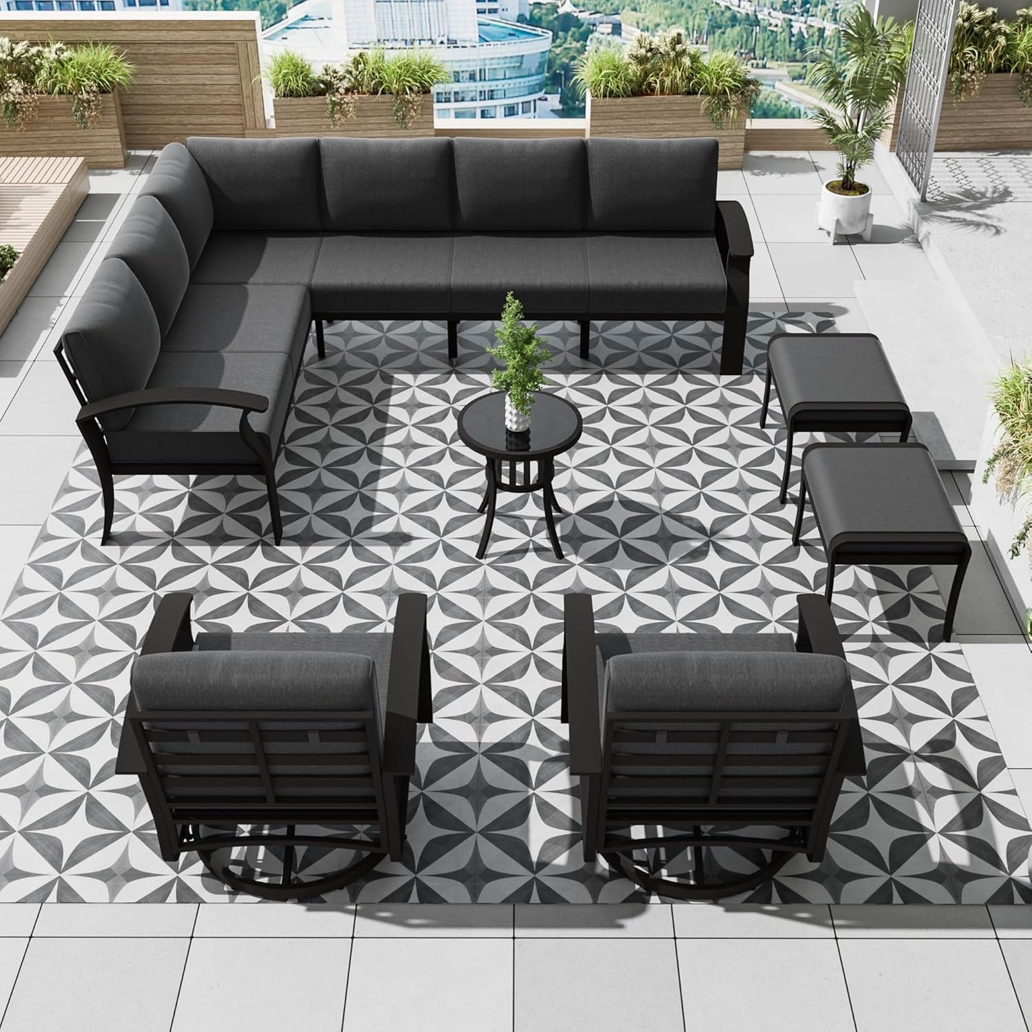 Aluminum Patio Furniture Set, 10 Seats Outdoor Patio Conversation Set with Swivel Chair Modern Metal Patio Sectional Sofa with Coffee Table for Patio, Backyard(Dark Grey).