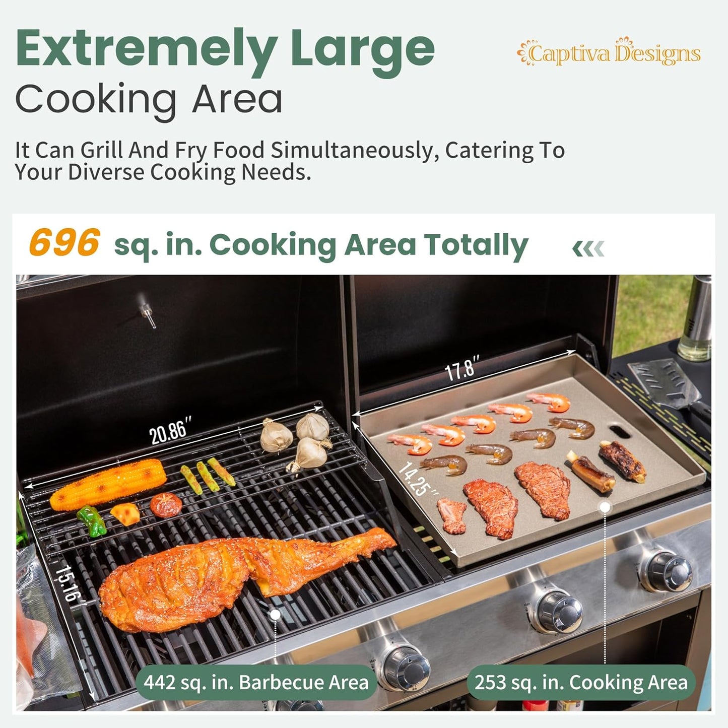 Captiva Designs Propane Gas Griddle Grill Combo with Porcelain-Enameled Cast Iron Grate & Cast Iron Pan, Dual BBQ Grill With Flat Top Griddle for Outdoor Kitchen & Backyard Barbecue,696 SQIN Cook Area