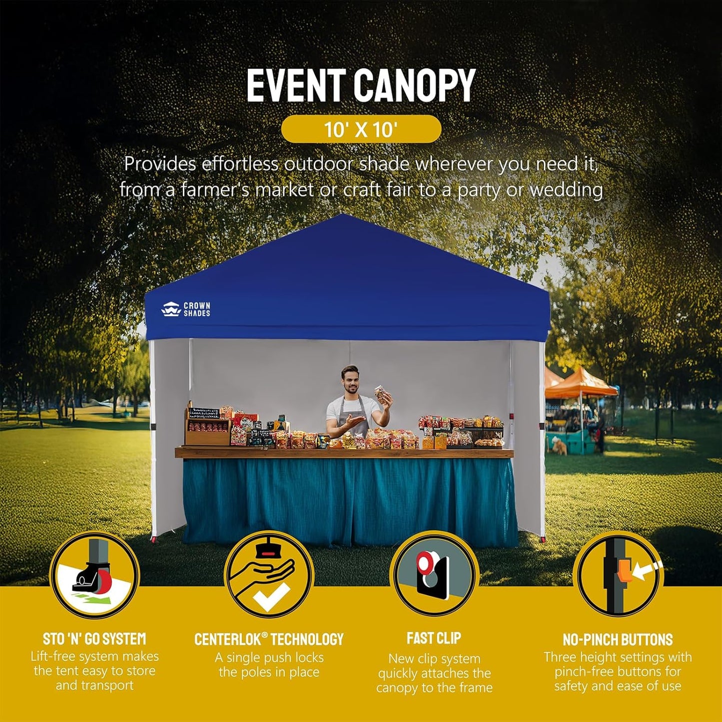 CROWN SHADES 10X10 Comercial Instant Canopy Pop Up Tent with Center Lock (10x10 with 4 Sidewalls, Navy Blue)