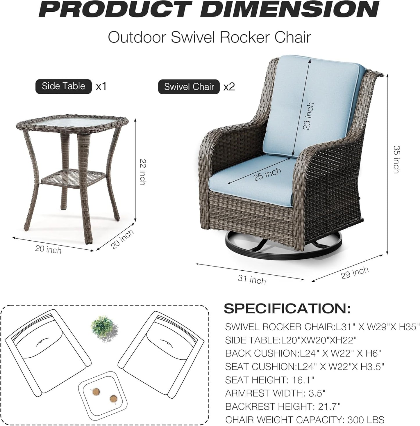 Joyside Outdoor Swivel Rocker Patio Chairs Set of 2 and Matching Side Table - 3 Piece Wicker Patio Bistro Set with Premium & Soft Fabric Cushions(Mixed Grey/Aqua)