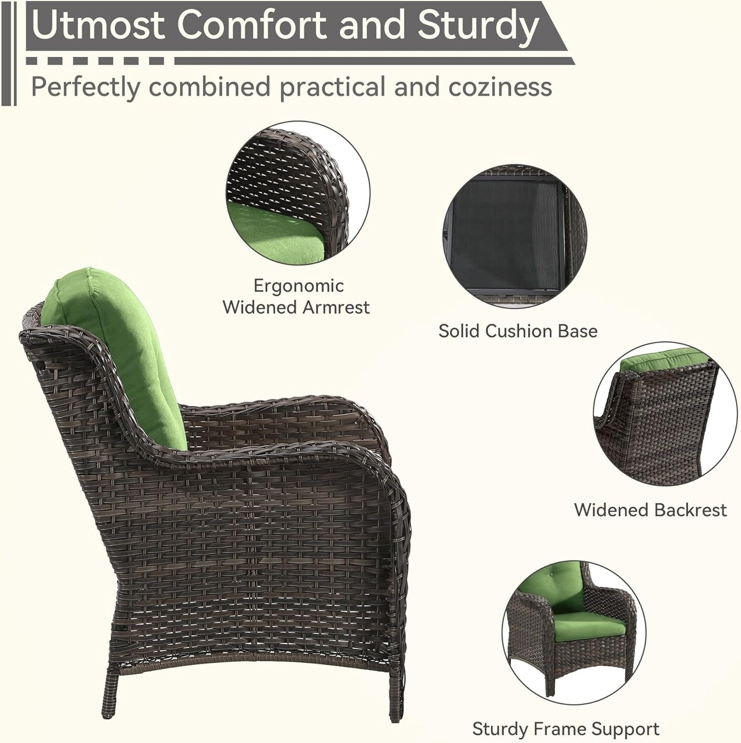 4 Pieces Patio Conversation Set, Wicker Chairs Set of 2 and Two Ottomans with 3.5-inch Seat Cushions, High Back and Curved Armrest for Backyard, Balcony and Deck, Green