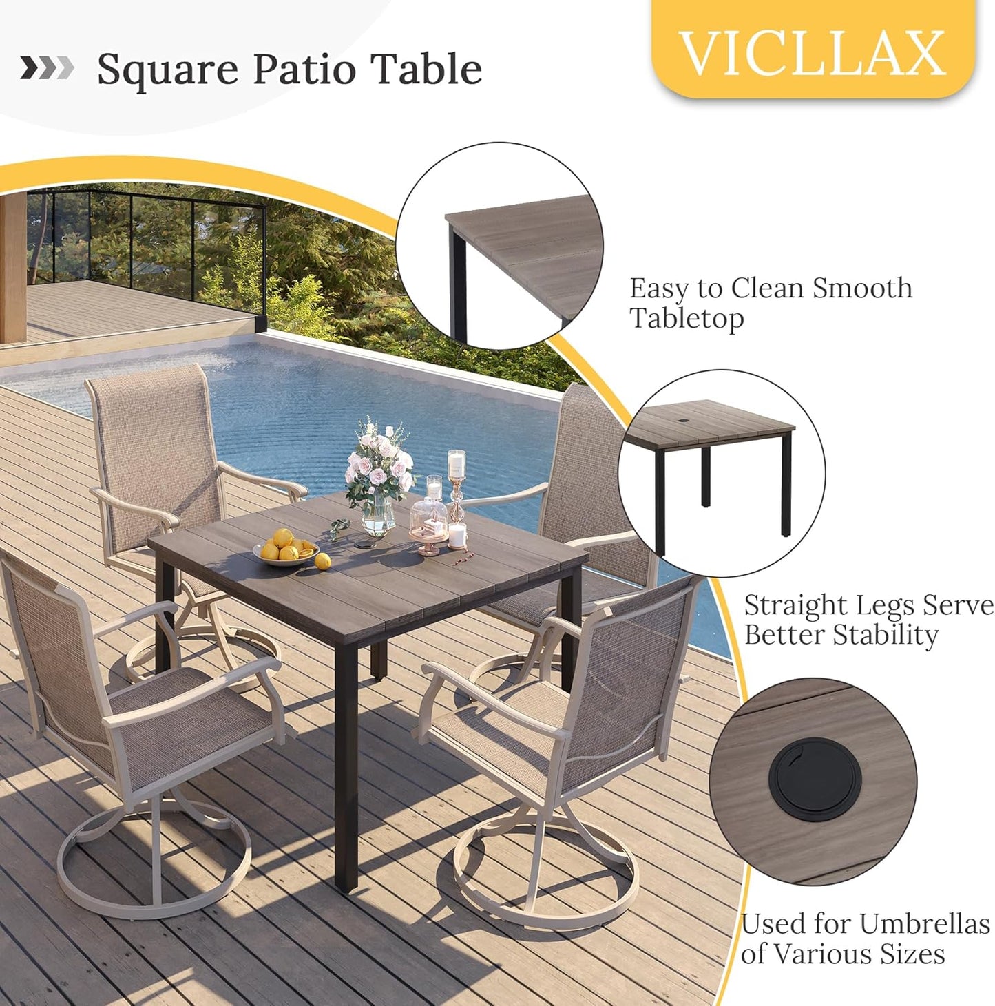 VICLLAX 40.2" Square Patio Dining Table for 4, Outdoor Table with Umbrella Hole, All Weather Metal Patio Table, Grey Wood Grain Tabletop