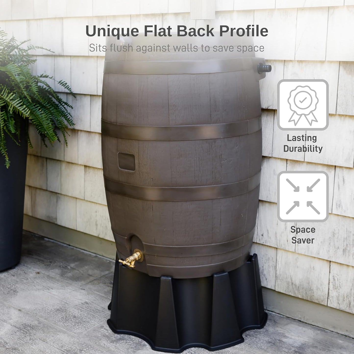 50-Gallon Rain Barrel, Flat Back Rain Water Collection Barrel, Stand Included, Walnut Color