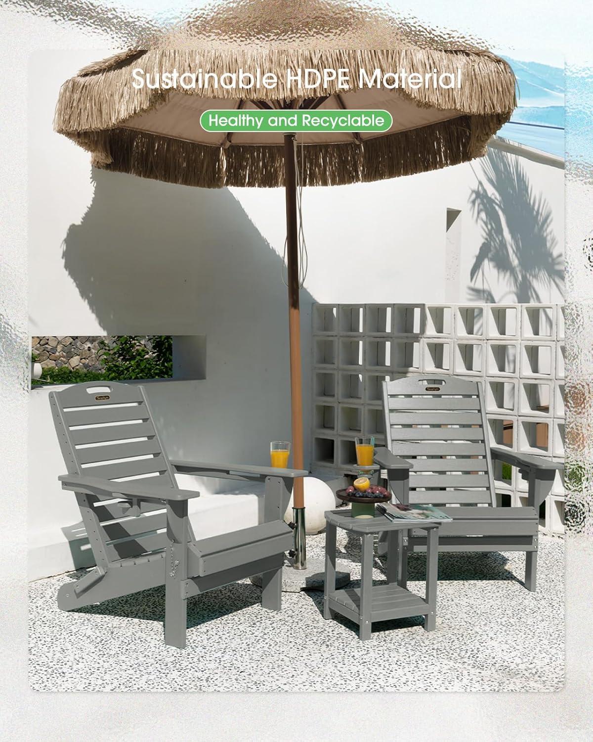 Adirondack Chair Folding HDPE Adirondack Chairs with Cup Holder, Outdoor Fire Pit Chairs All-Weather Lawn Chair for Deck Patio Garden (Grey)