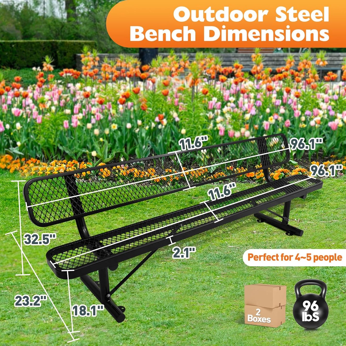 Thermoplastic Coated Iron Park Bench for Outside, Heavy Duty Metal Garden Bench, Expanded Commercial Grade Seating for Shopping Malls, Lawn Yard Porch Entryway (Black with Backrest, 96IN)