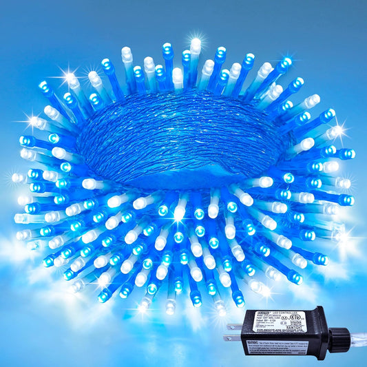 JMEXSUSS Connectable Blue and White Christmas Lights, 8 Modes 100 LED Twinkle String Lights Indoor, Clear Wire Plug-in Christmas String Lights Outdoor Waterproof