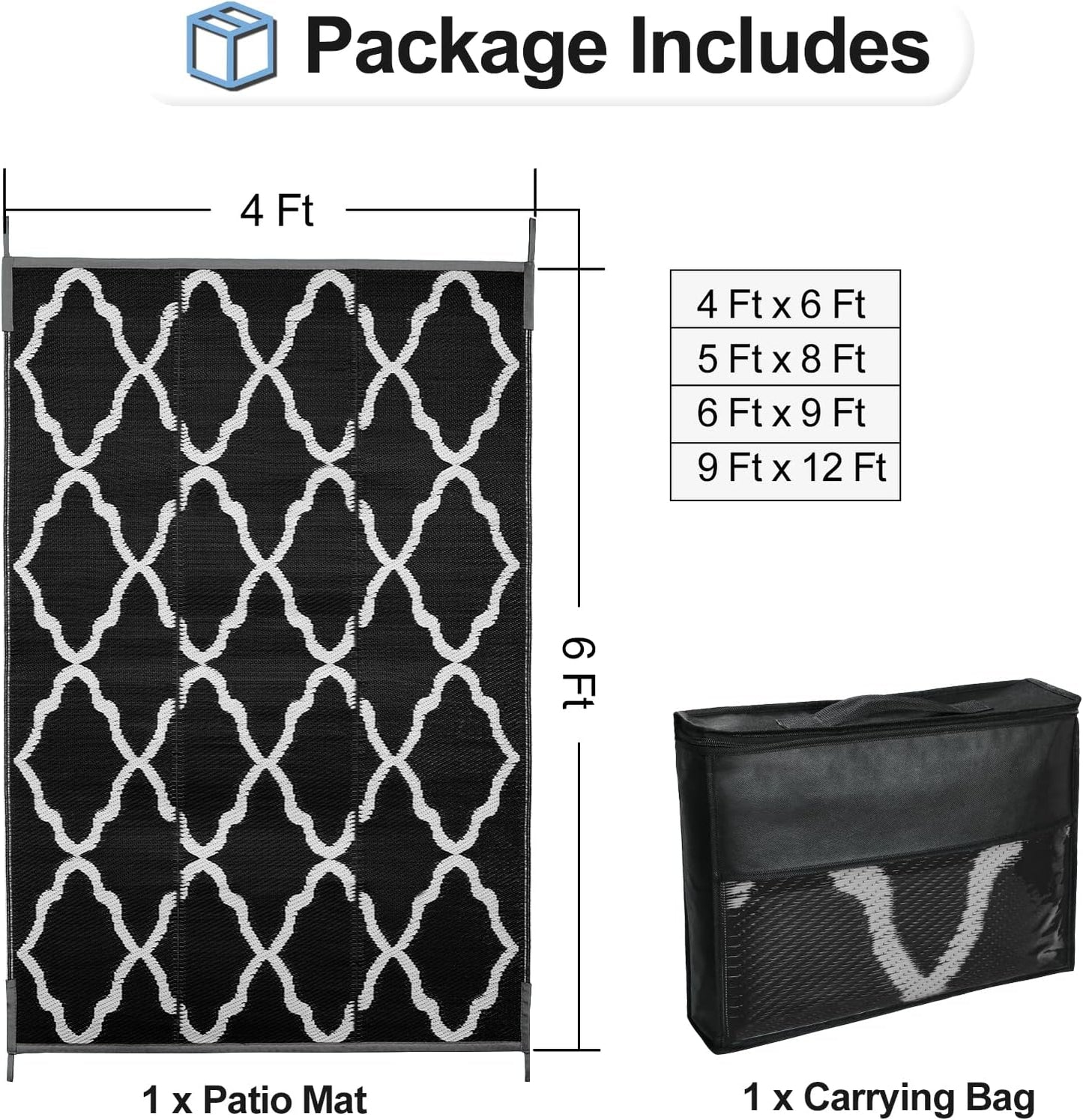 OutdoorLines Outdoor Plastic Area Rugs for Patio 4x6 ft - Reversible Outside Carpet, Stain & UV Resistant RV Mats, Straw Rug for Camping, Deck Garden, Porch and Balcony, Moroccan Black & Light Grey