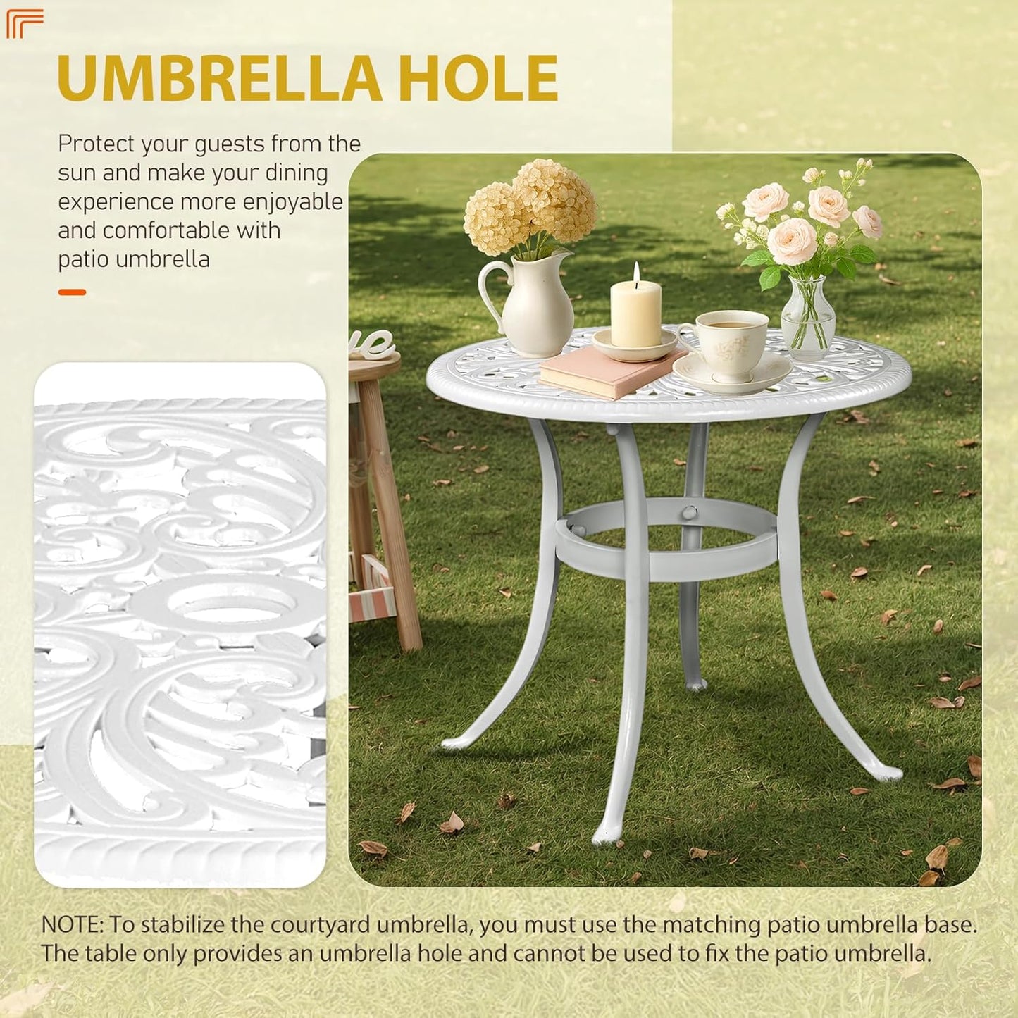 Outvita Patio Side Table, 23.6in Outdoor Round Cast Aluminum Bistro Table with Umbrella Hole and Antique Design for Backyard Porch Pool Balcony Deck White