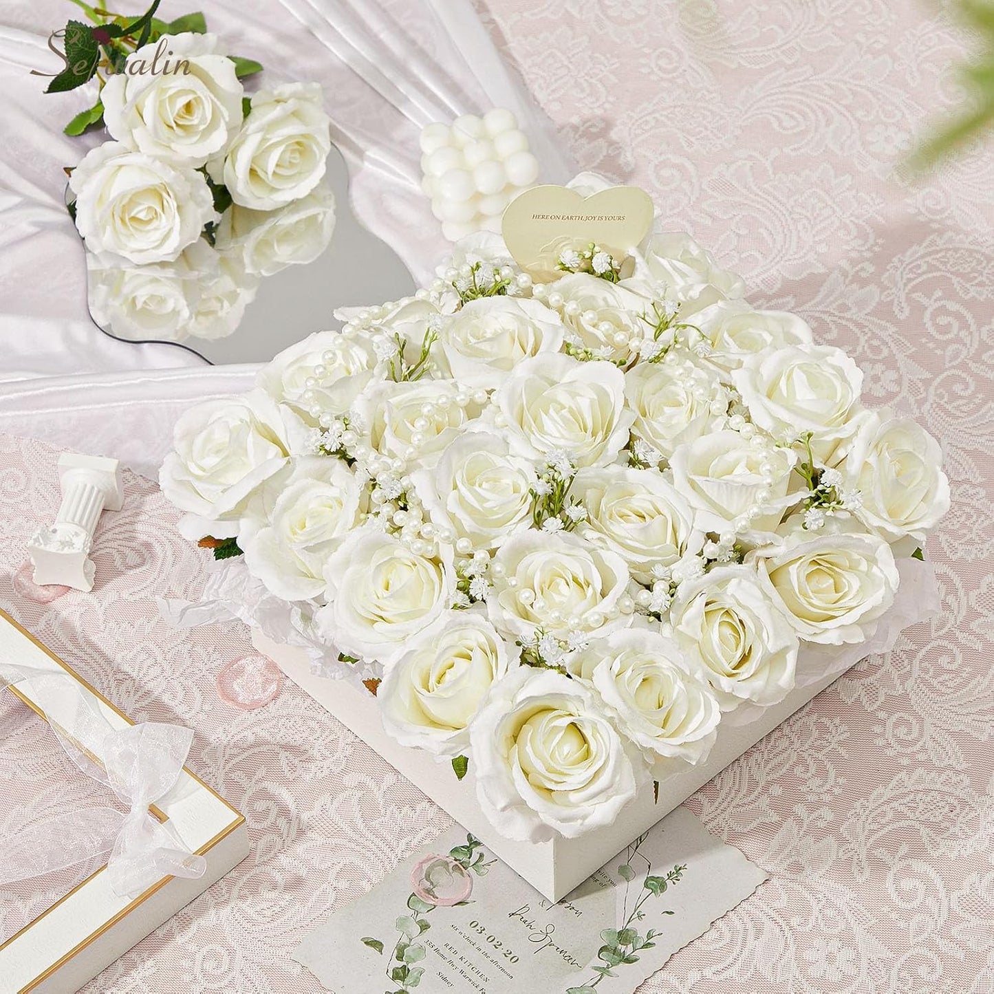Serwalin 30PCS Artificial White Roses, Fake Silk Roses with Long Stems, Realistic Roses Flowers for Wedding Centerpieces Bridal Bouquet Party Home Office Decor