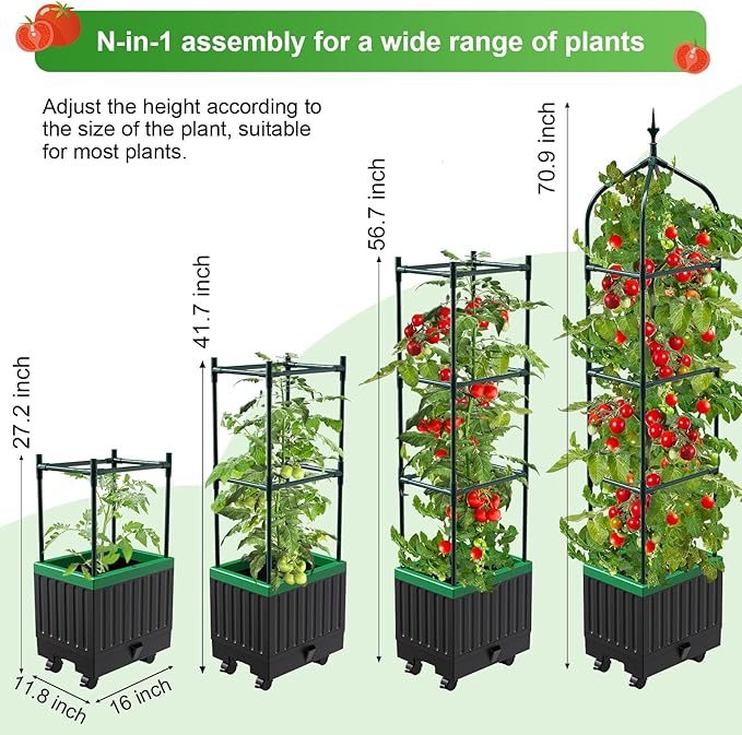 Raised Garden Bed Planter Boxes with Trellis,1pcs 70.9"Self-Watering Tomato Planter Boxes with Trellis for Climbing Vegetables Plants Flowers Tomato with Wheels,Use for Indoor Outdoor (Black)